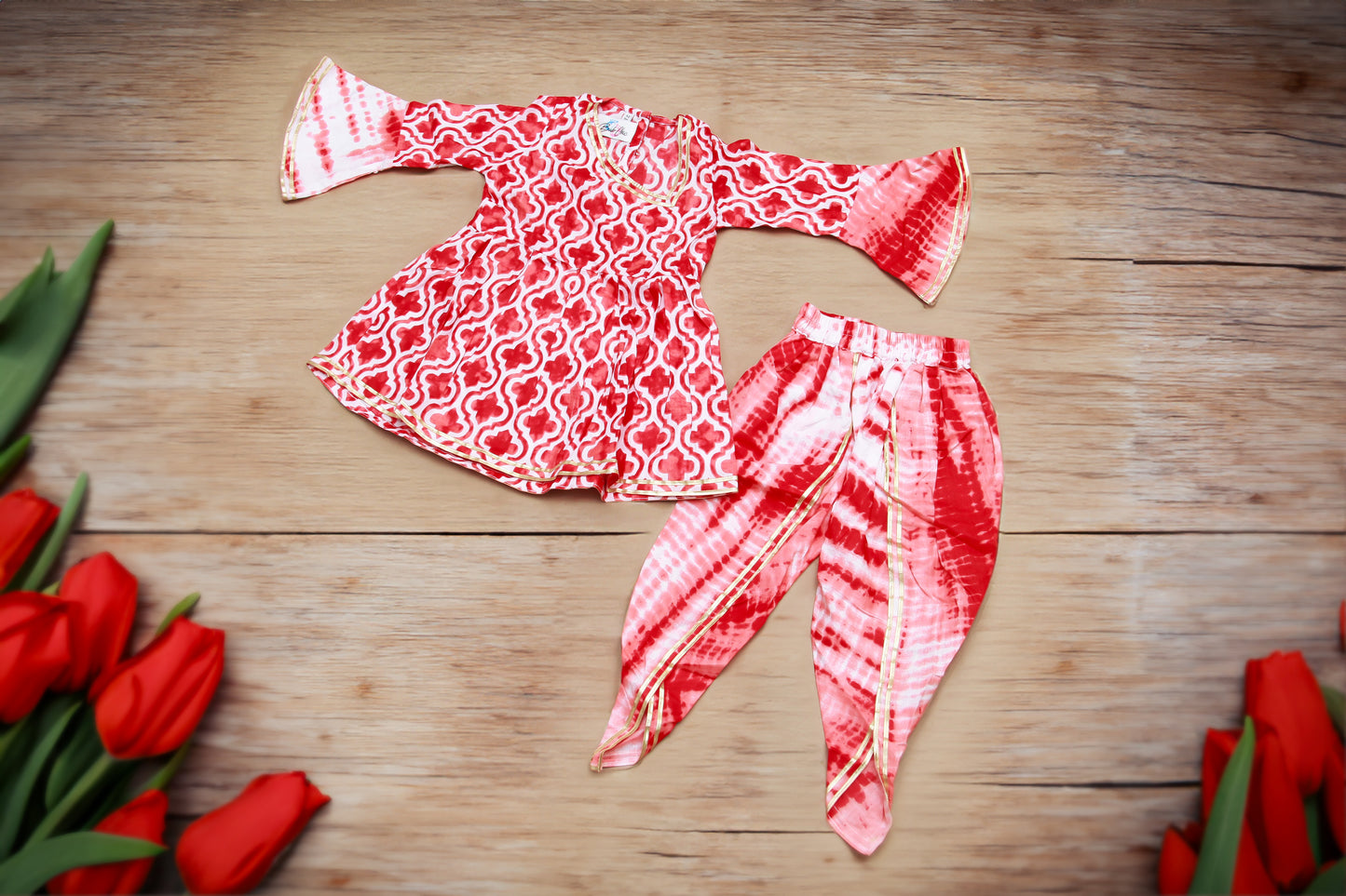 Red Printed Kurta with Tie n Dye Dhoti