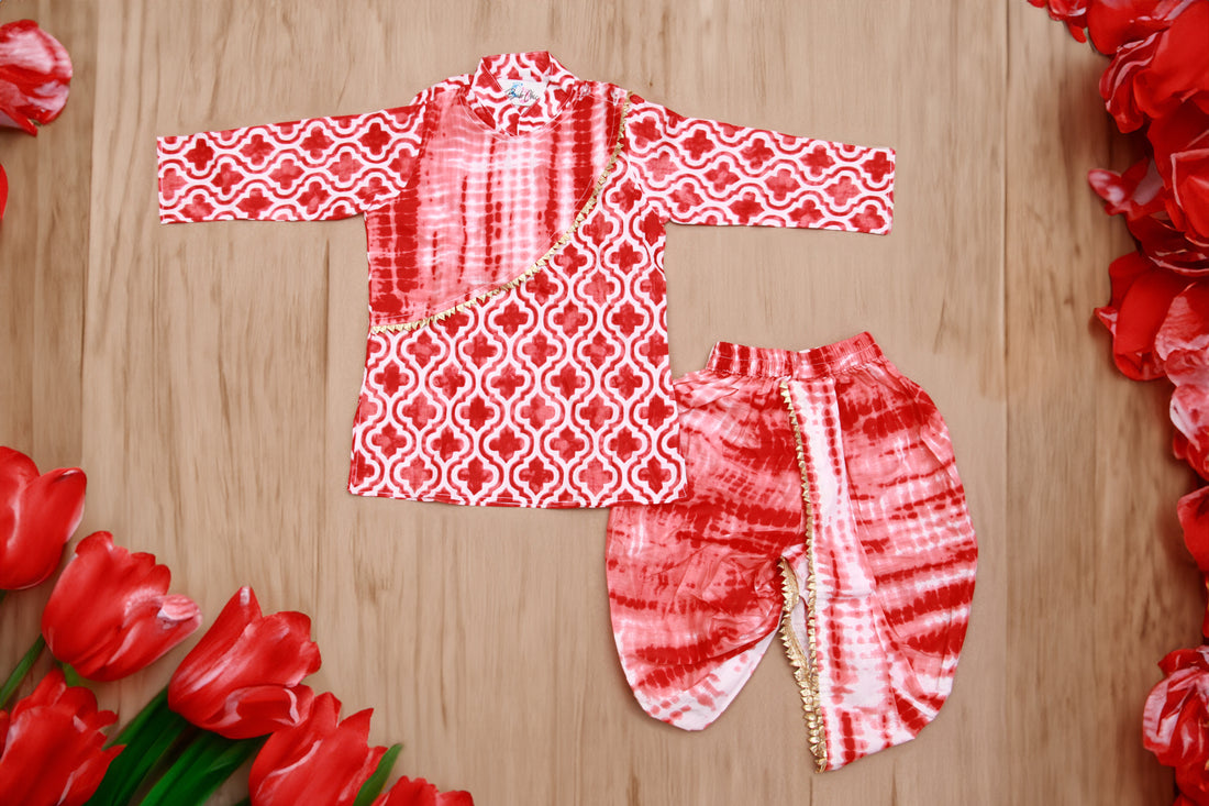 Red &amp; White Geometric Tie-Dye Boys Kurta with Dhoti Set