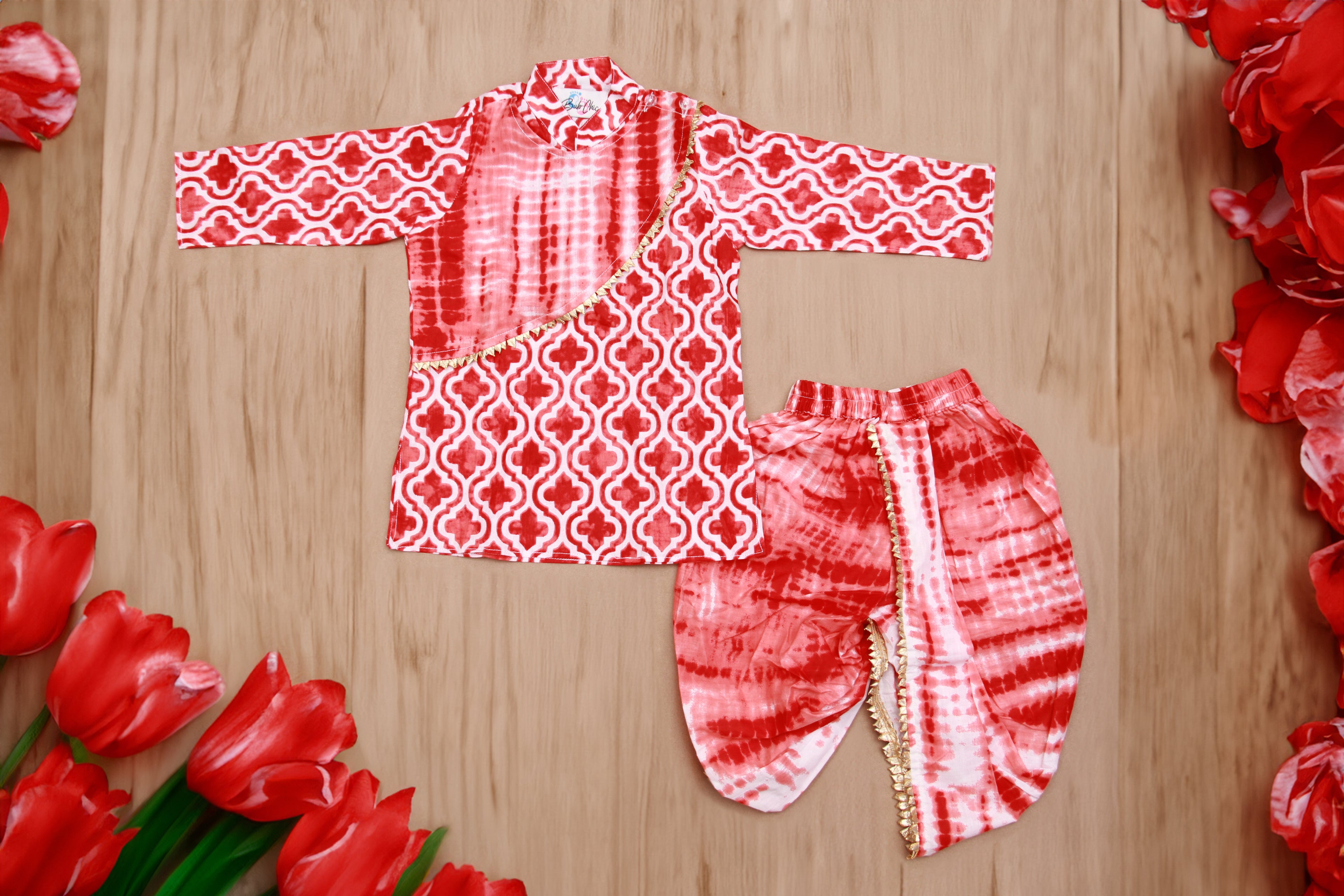 Red &amp; White Geometric Tie-Dye Boys Kurta with Dhoti Set