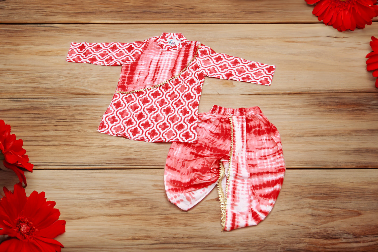Red &amp; White Geometric Tie-Dye Boys Kurta with Dhoti Set