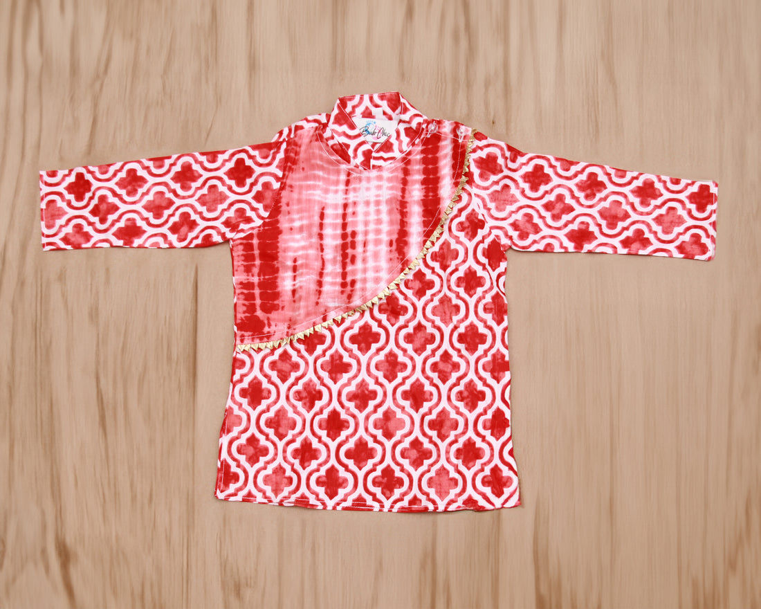 Red &amp; White Geometric Tie-Dye Boys Kurta with Dhoti Set