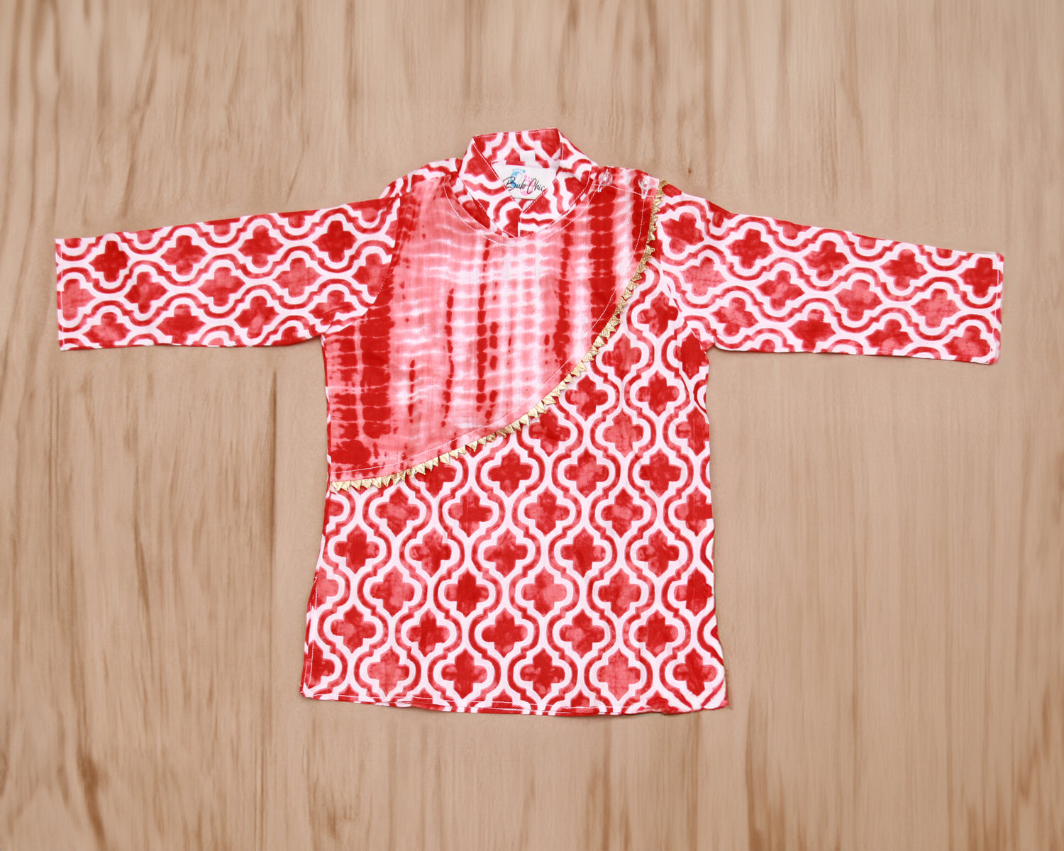 Red &amp; White Geometric Tie-Dye Boys Kurta with Dhoti Set