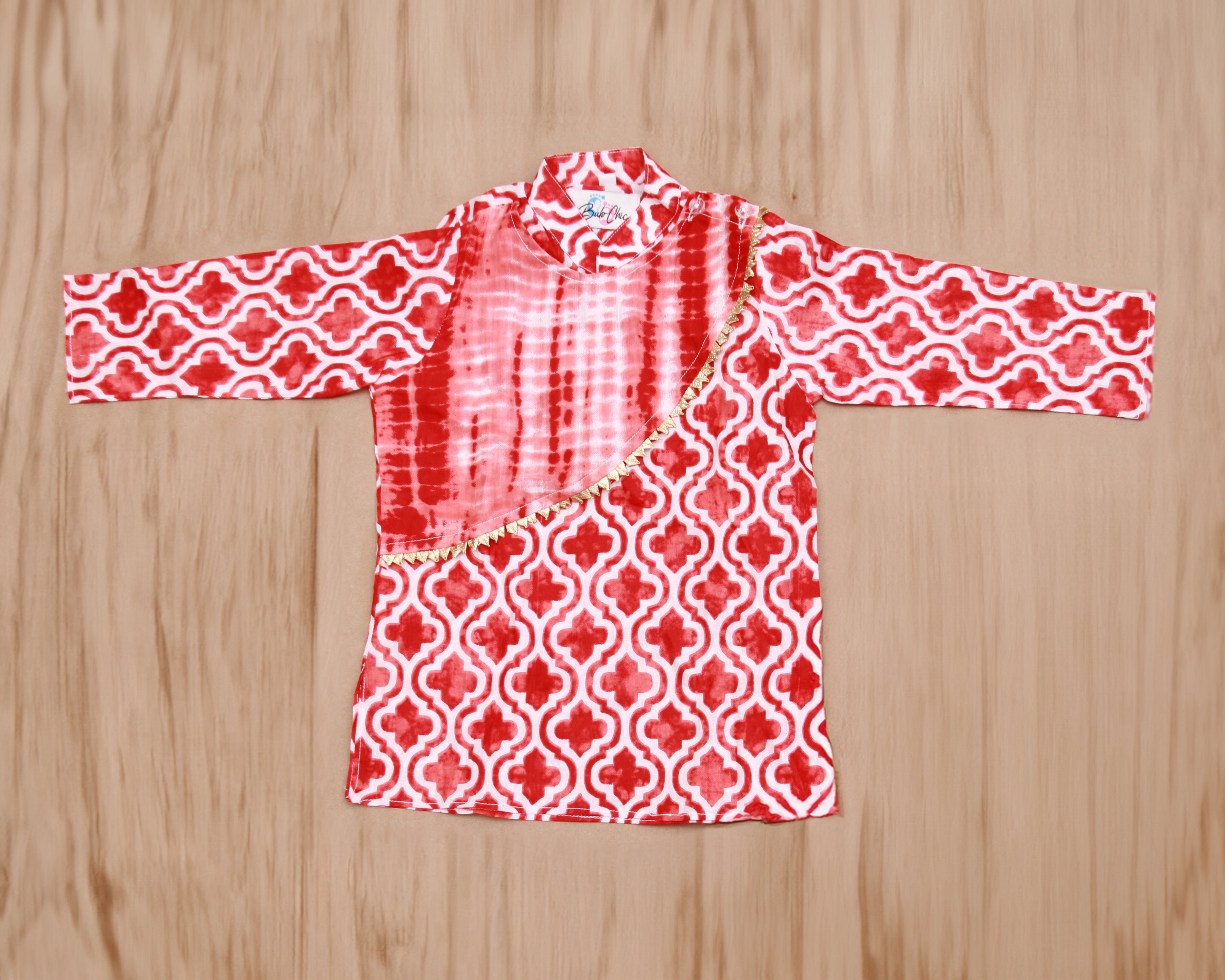 Red &amp; White Geometric Tie-Dye Boys Kurta with Dhoti Set