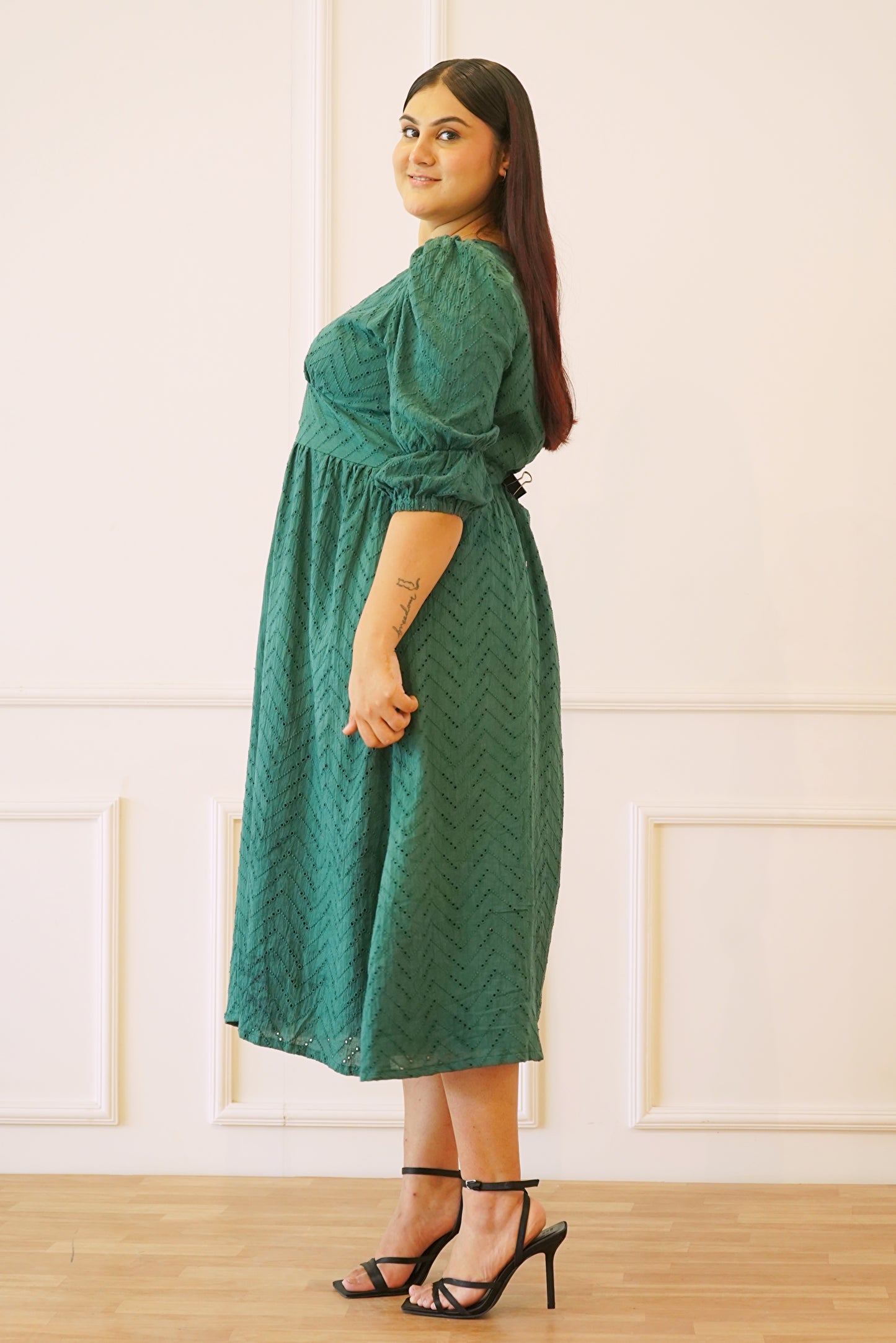 Green Shiffli front slit Dress for Women