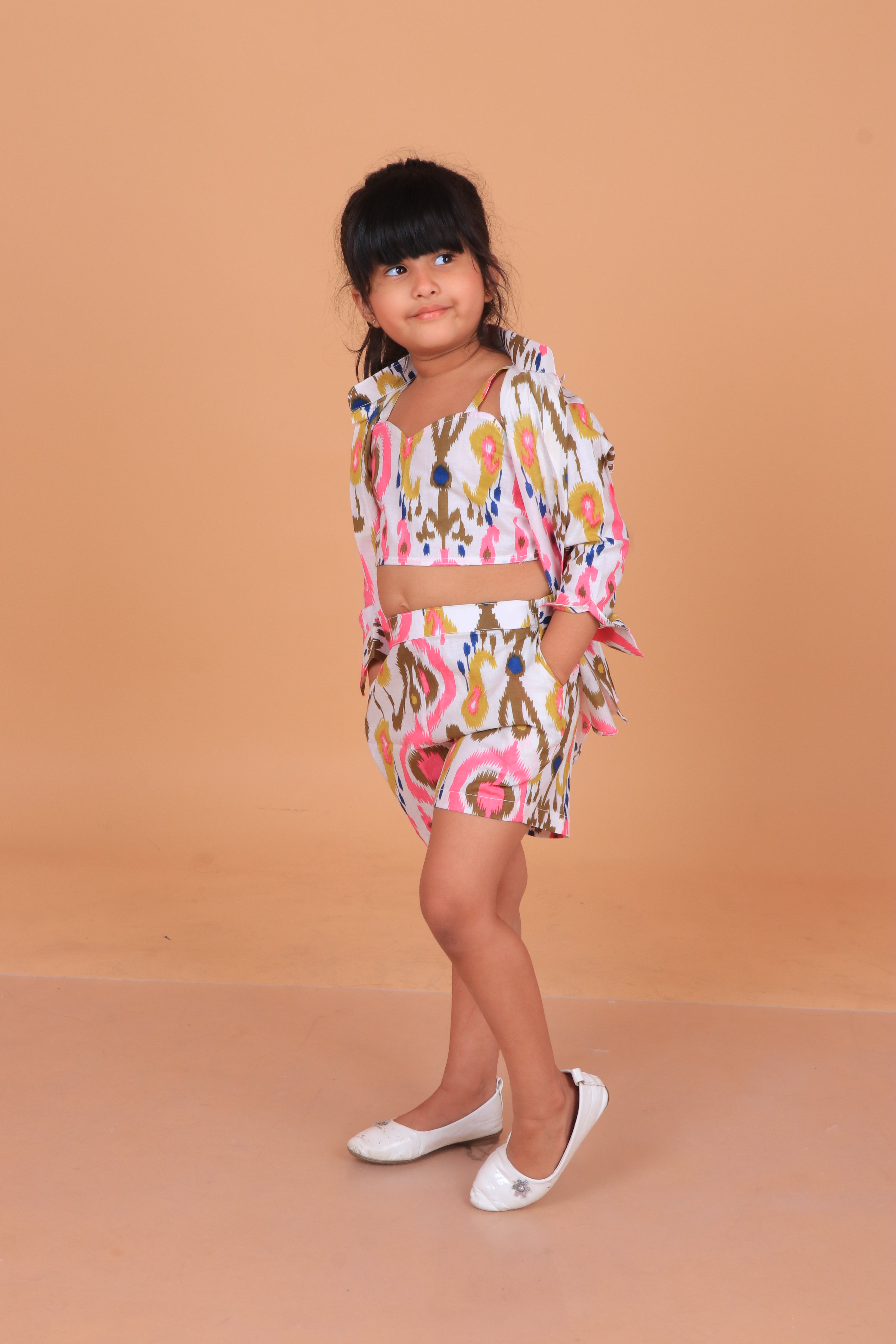 White Pink ikhat Girl co-ord Set
