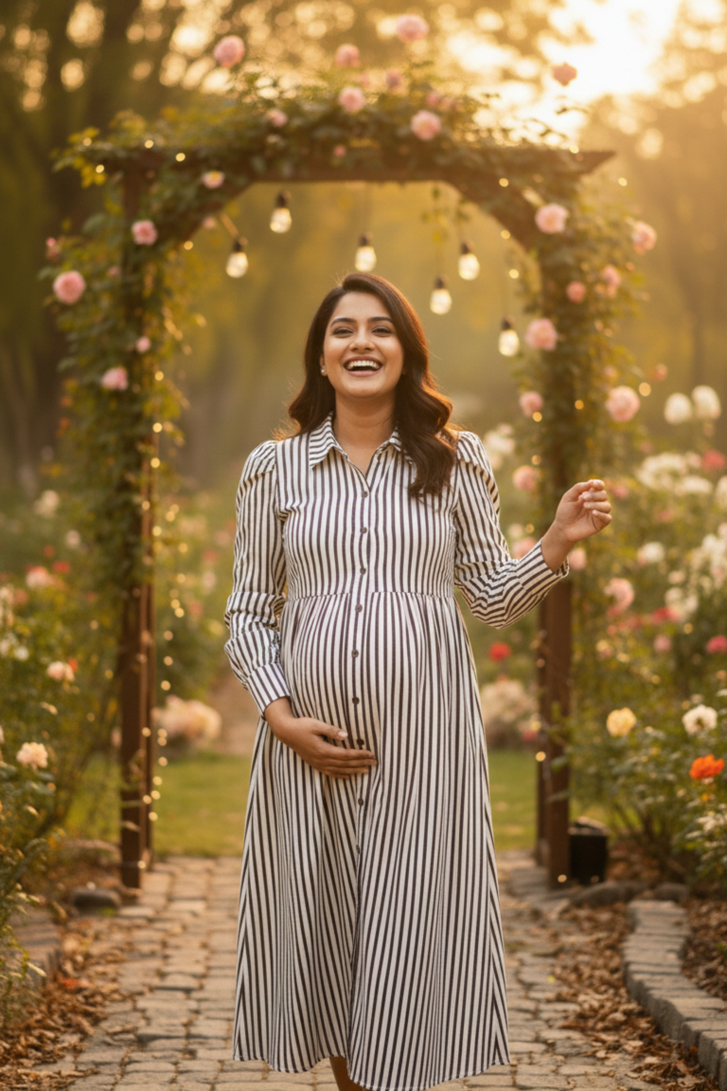 Brown and White Stripes Print Maternity Dress