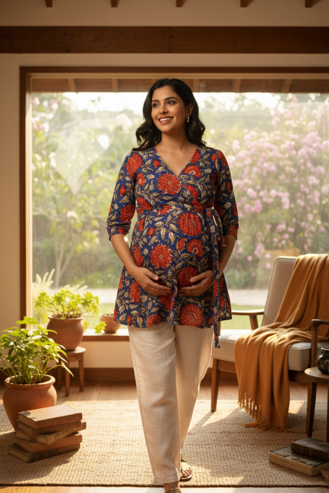 Red and Blue Floral Maternity Top