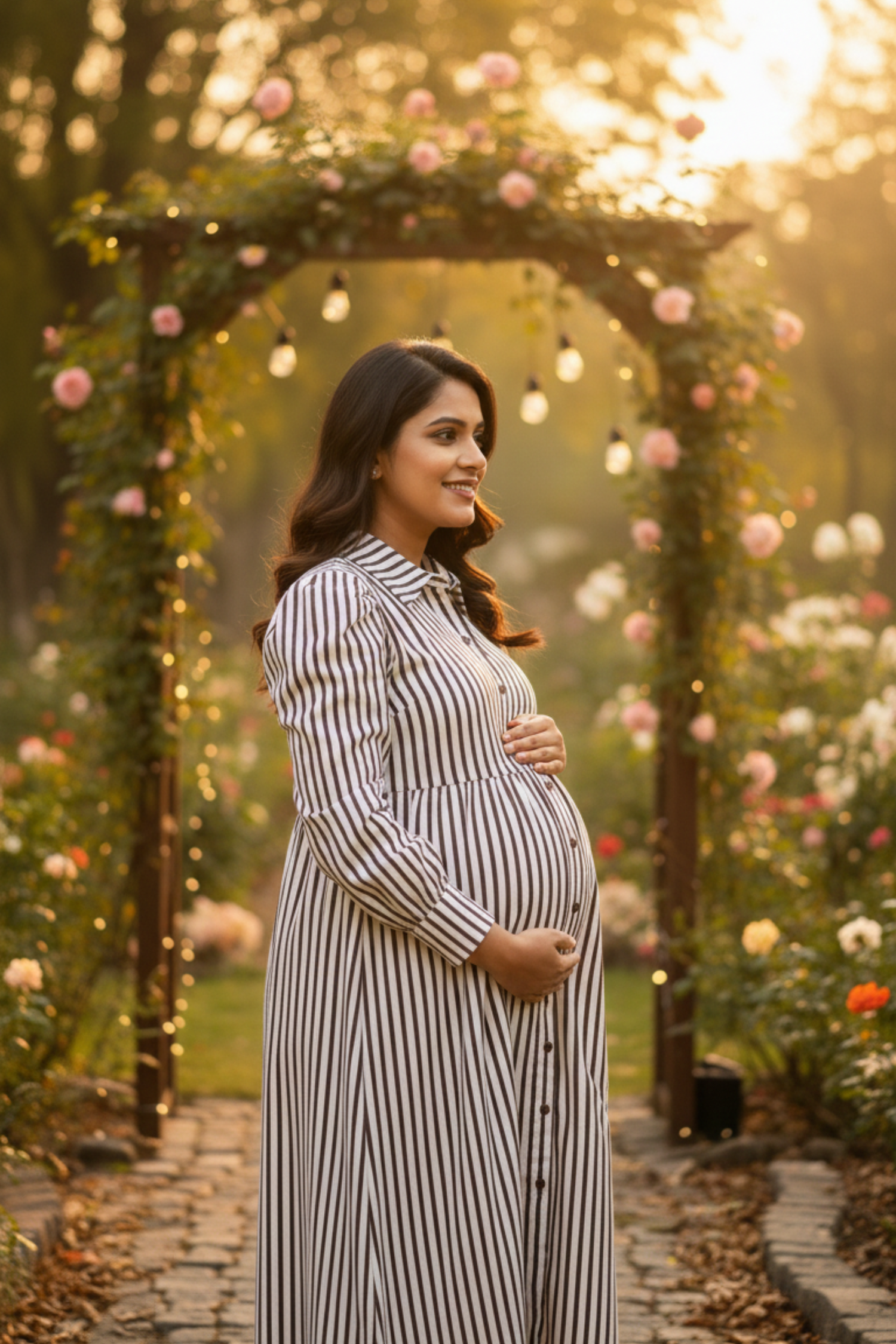 Brown and White Stripes Print Maternity Dress