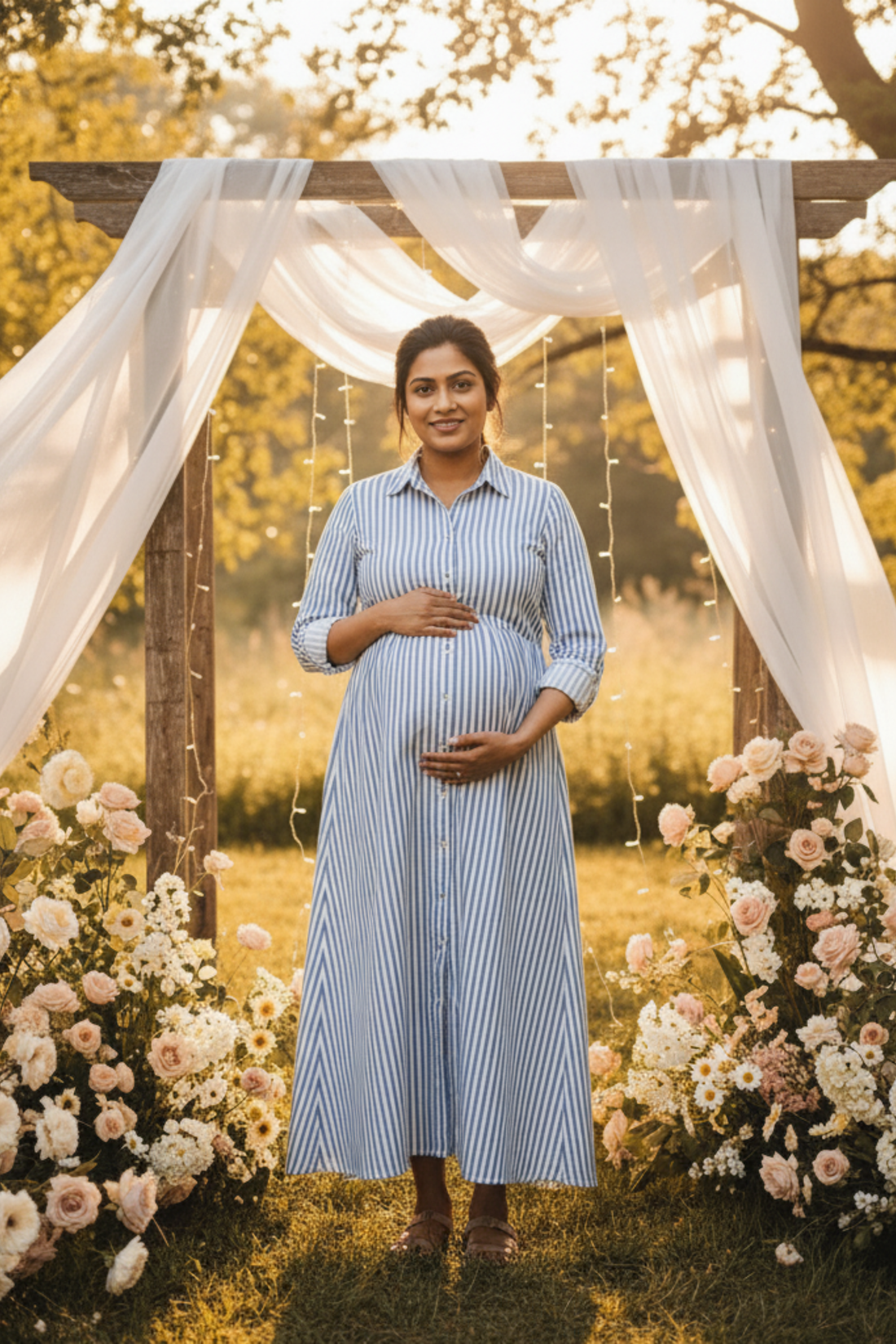 Blue and White Stripes Print Maternity Dress