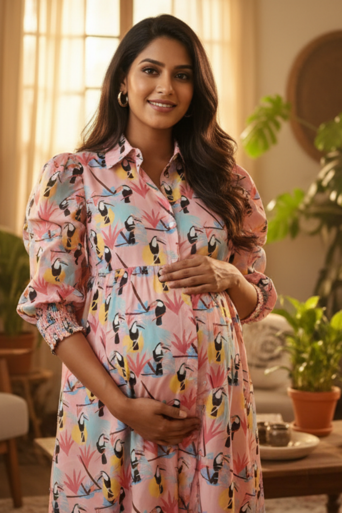 Pink Bird Print Maternity Dress