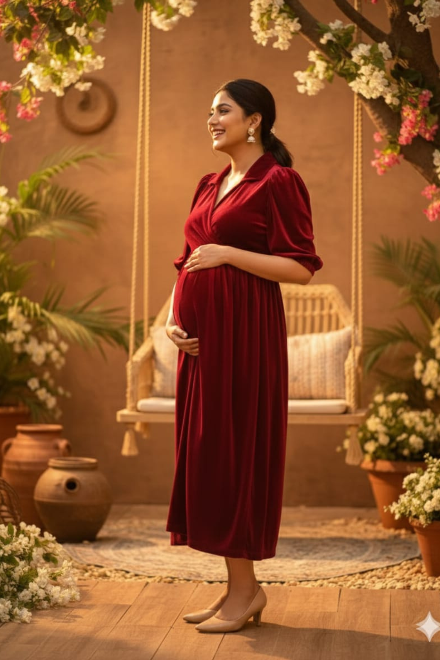 Maroon Velvet Maternity Dress