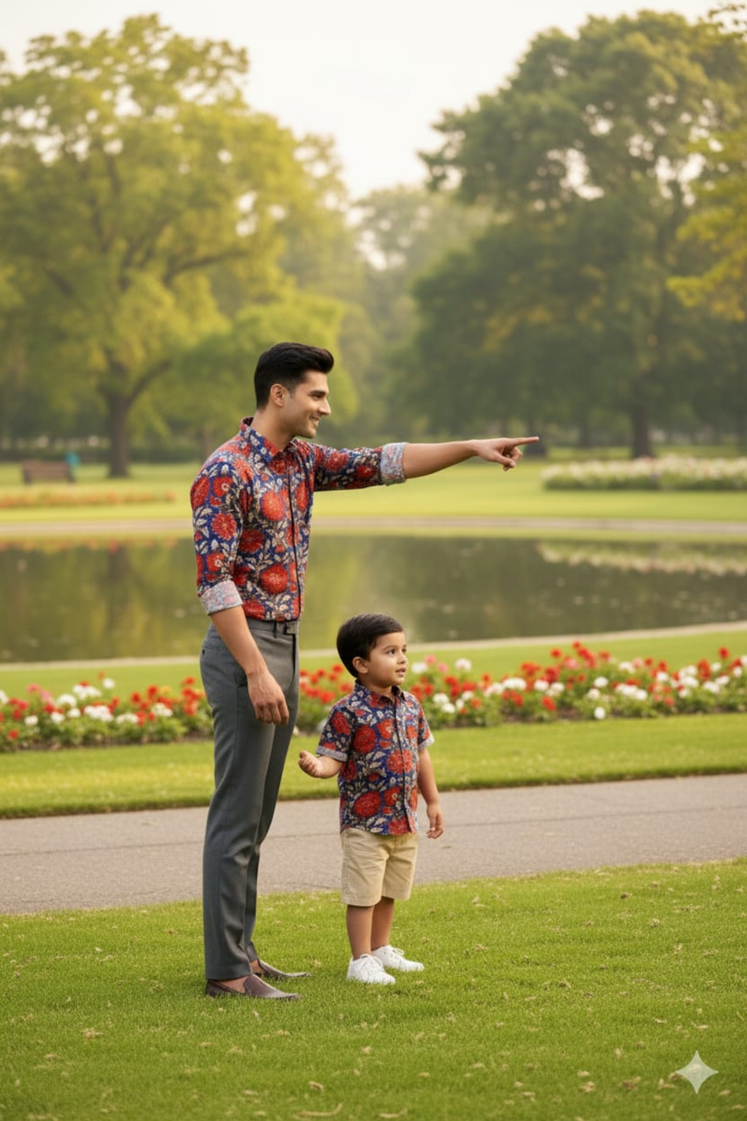 Red and Blue Floral Print Father Son Twinning Set