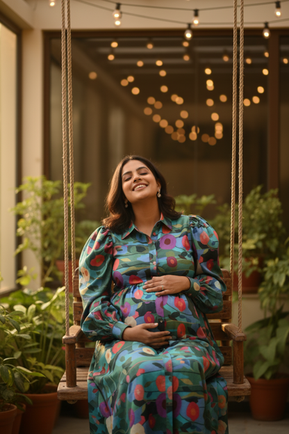 Dark Blue Floral Maternity Dress