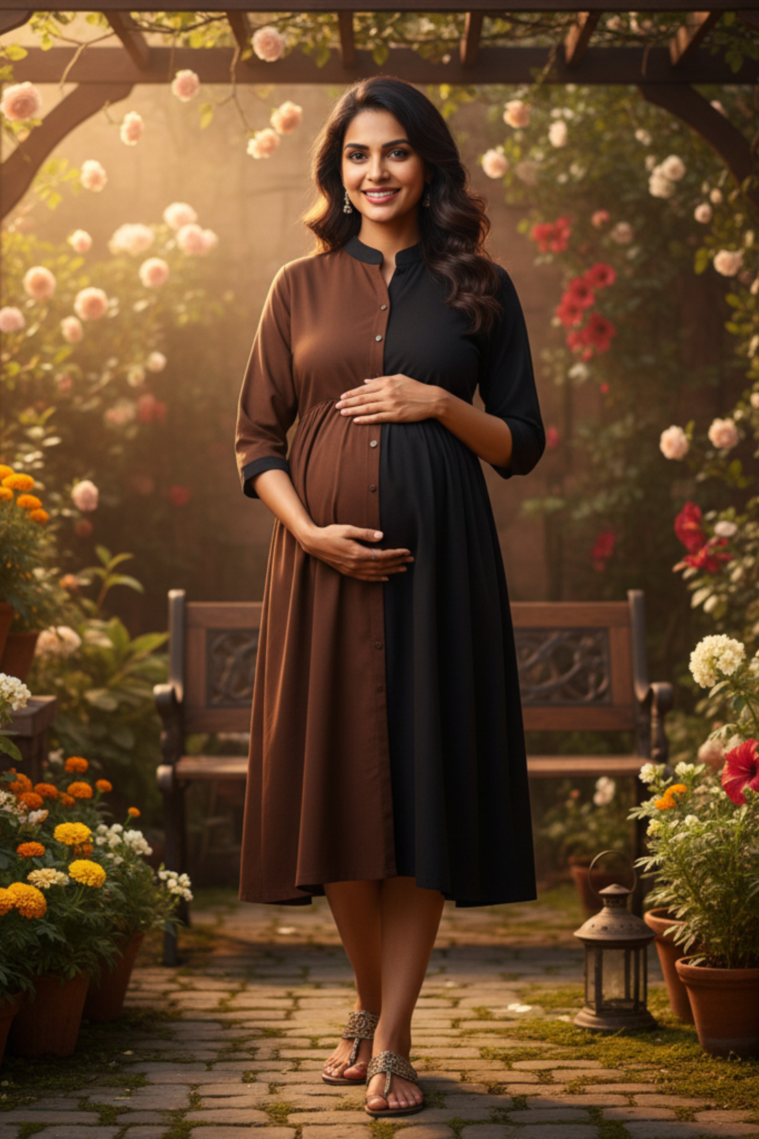 Brown and Black Colorblock Maternity Dress