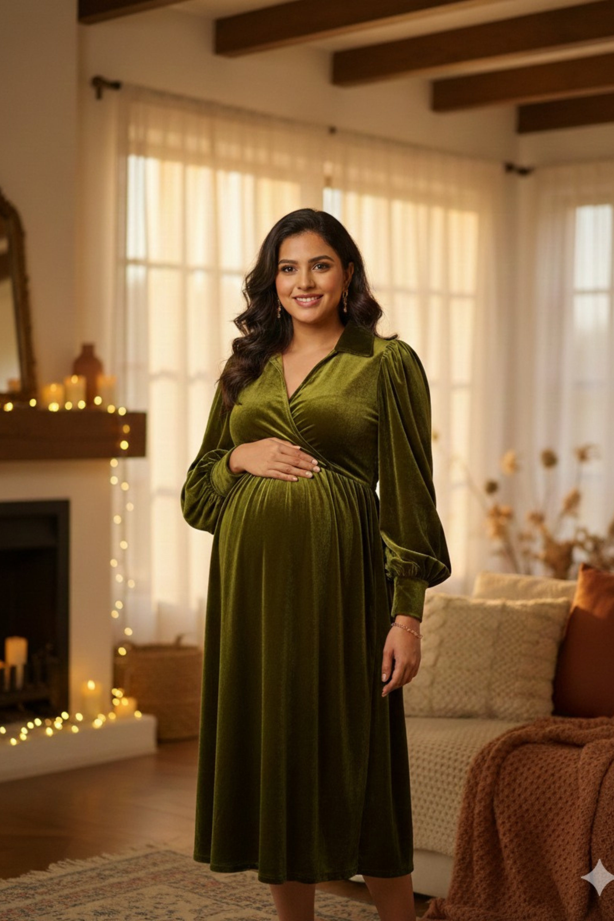 Olive Green Velvet Maternity Dress
