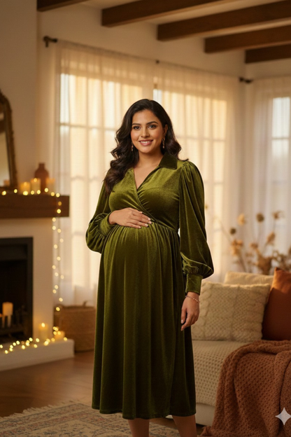 Olive Green Velvet Maternity Dress