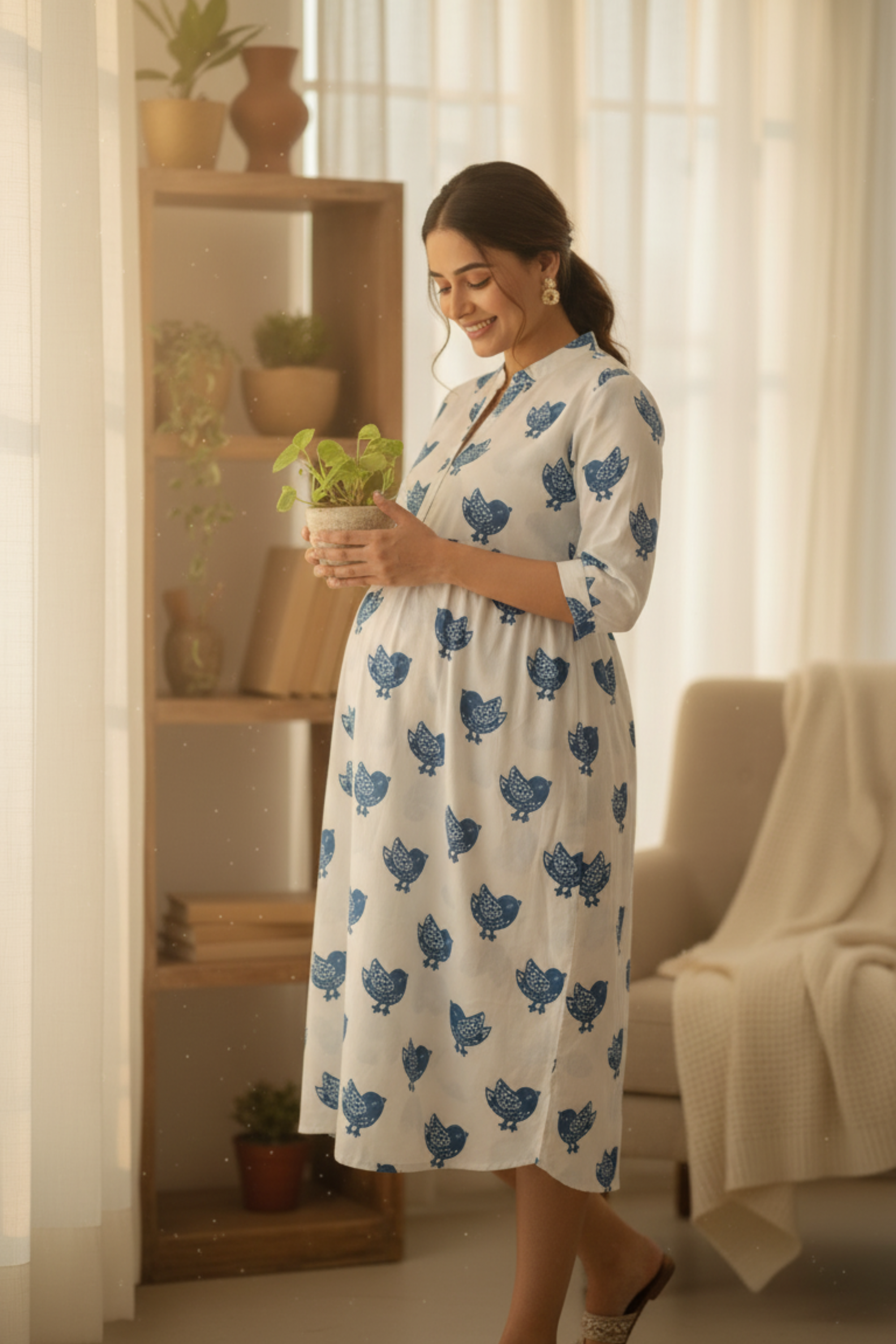 Blue Bird Print Maternity Dress
