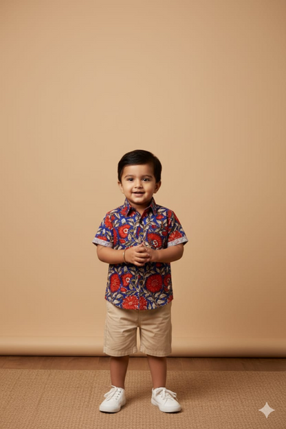 Red and Blue Floral Print Father Son Twinning Set