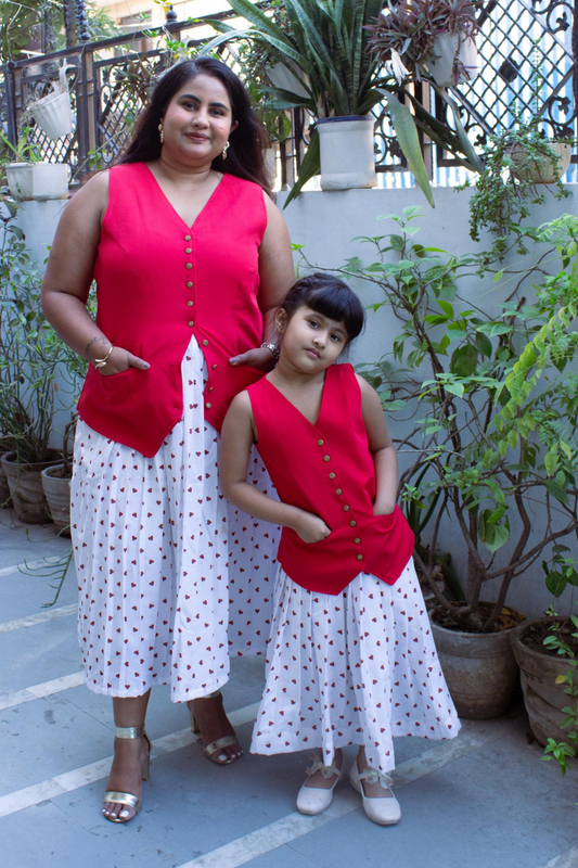 Mommy & Me Red Vest Coat Co-ords with Heart Print Pleated Skirt