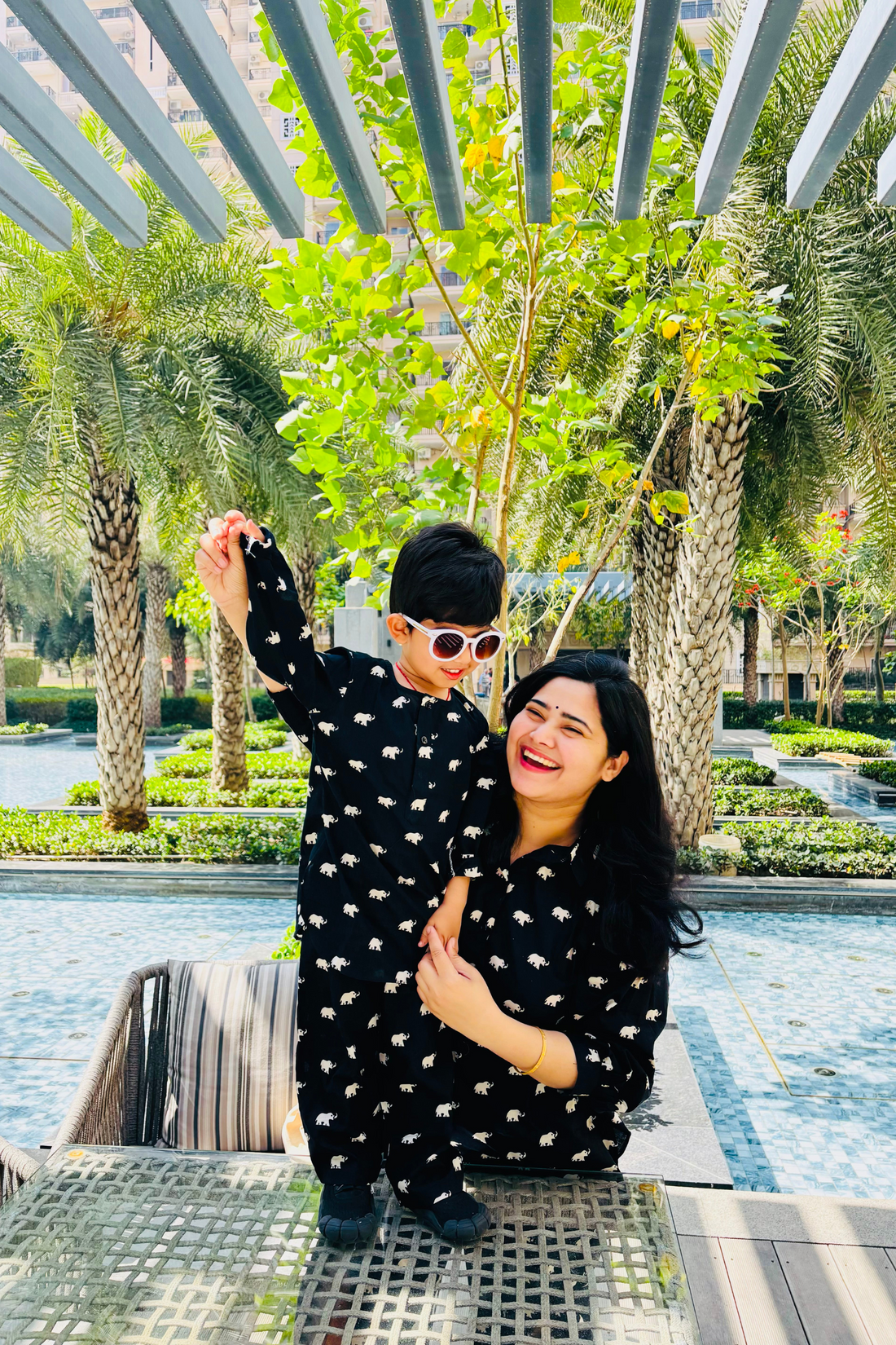 Black Elephant Print Lounge Wear Mother Child Twinning Set