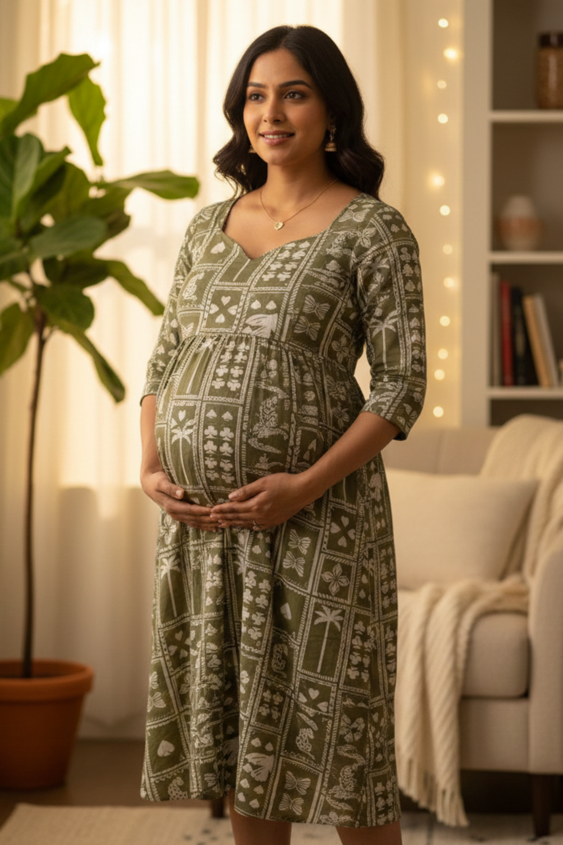 Olive Green Tribal Print Maternity Dress