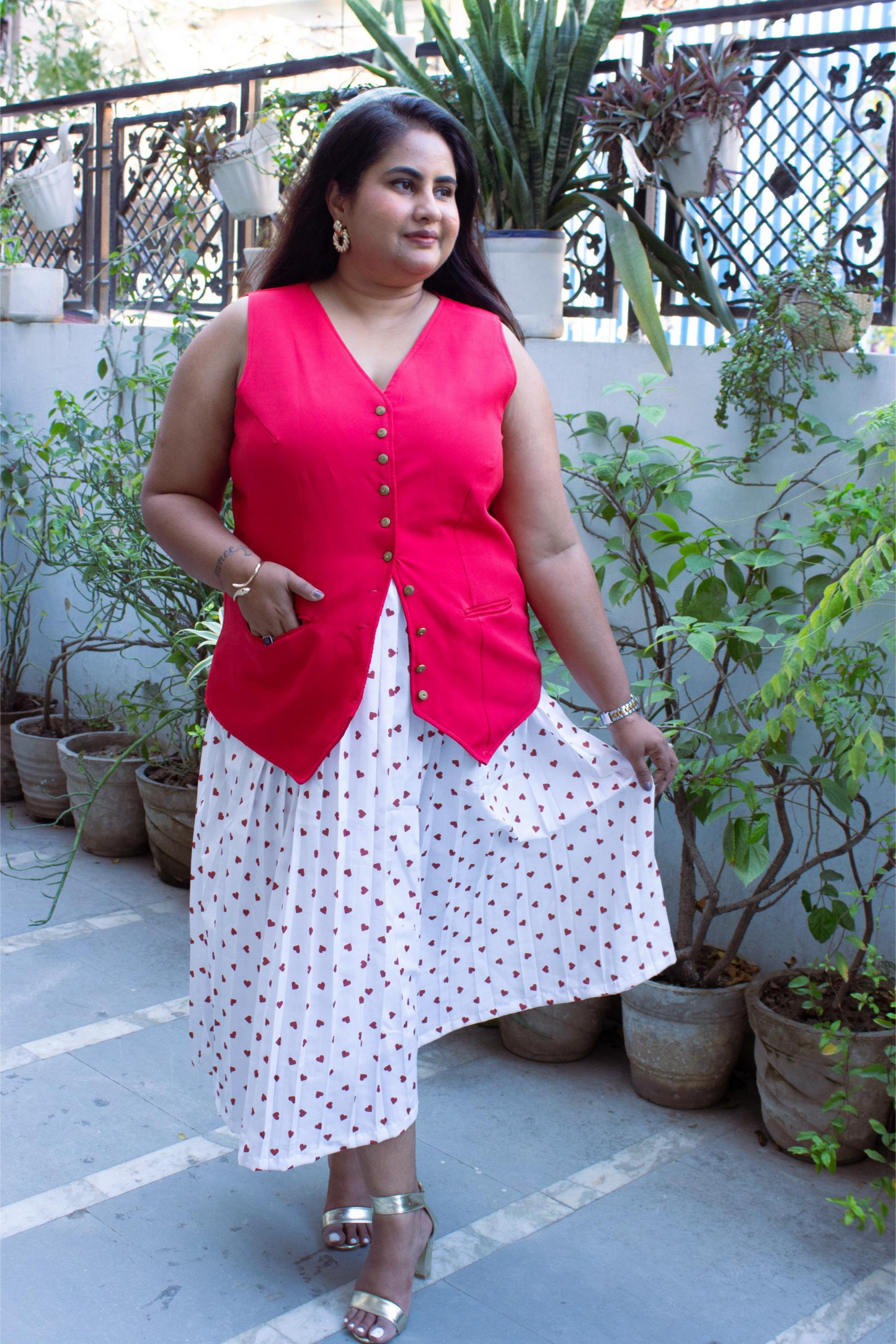 Mommy & Me Red Vest Coat Co-ords with Heart Print Pleated Skirt