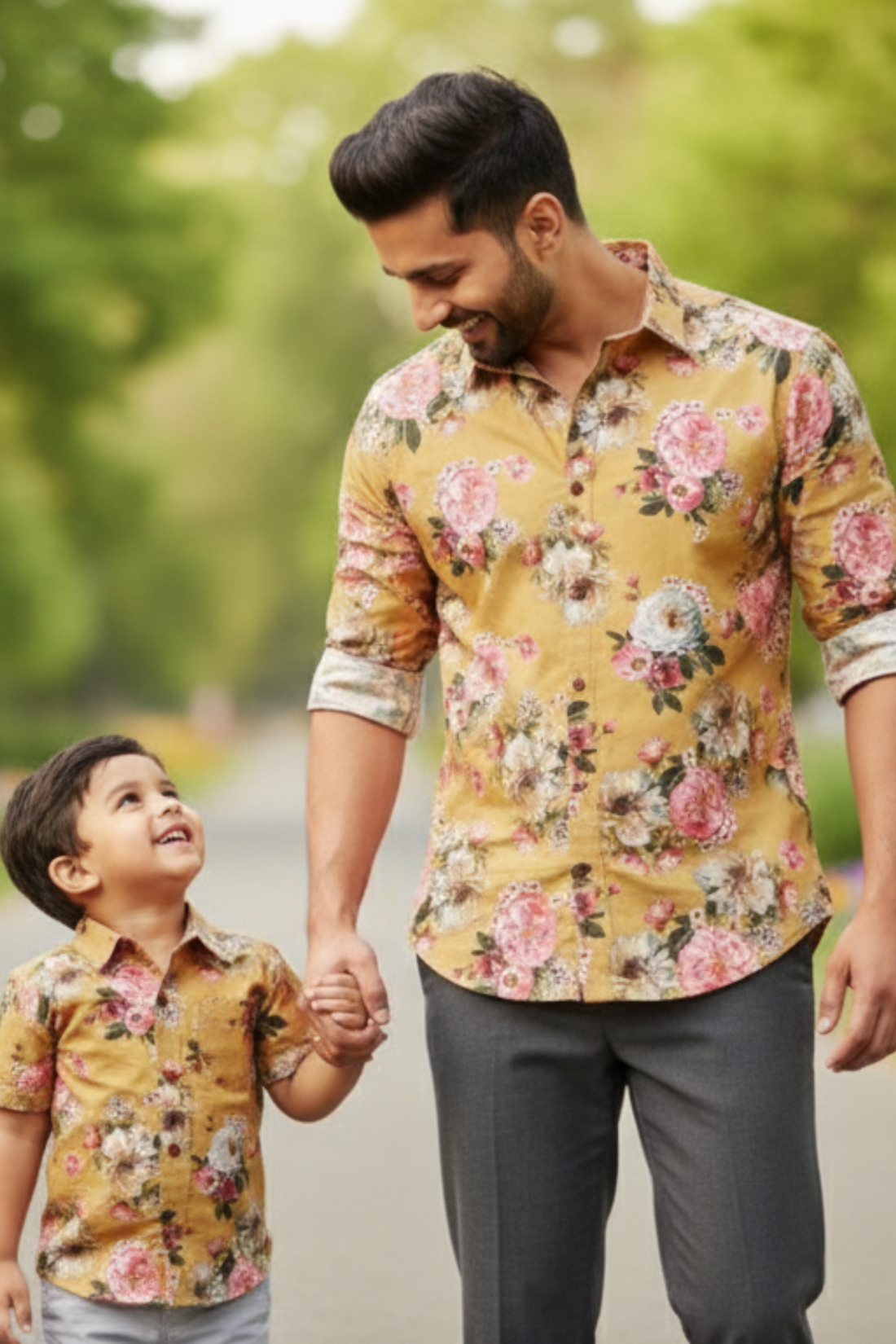 Mustard Floral Print Father Son Twinning Set