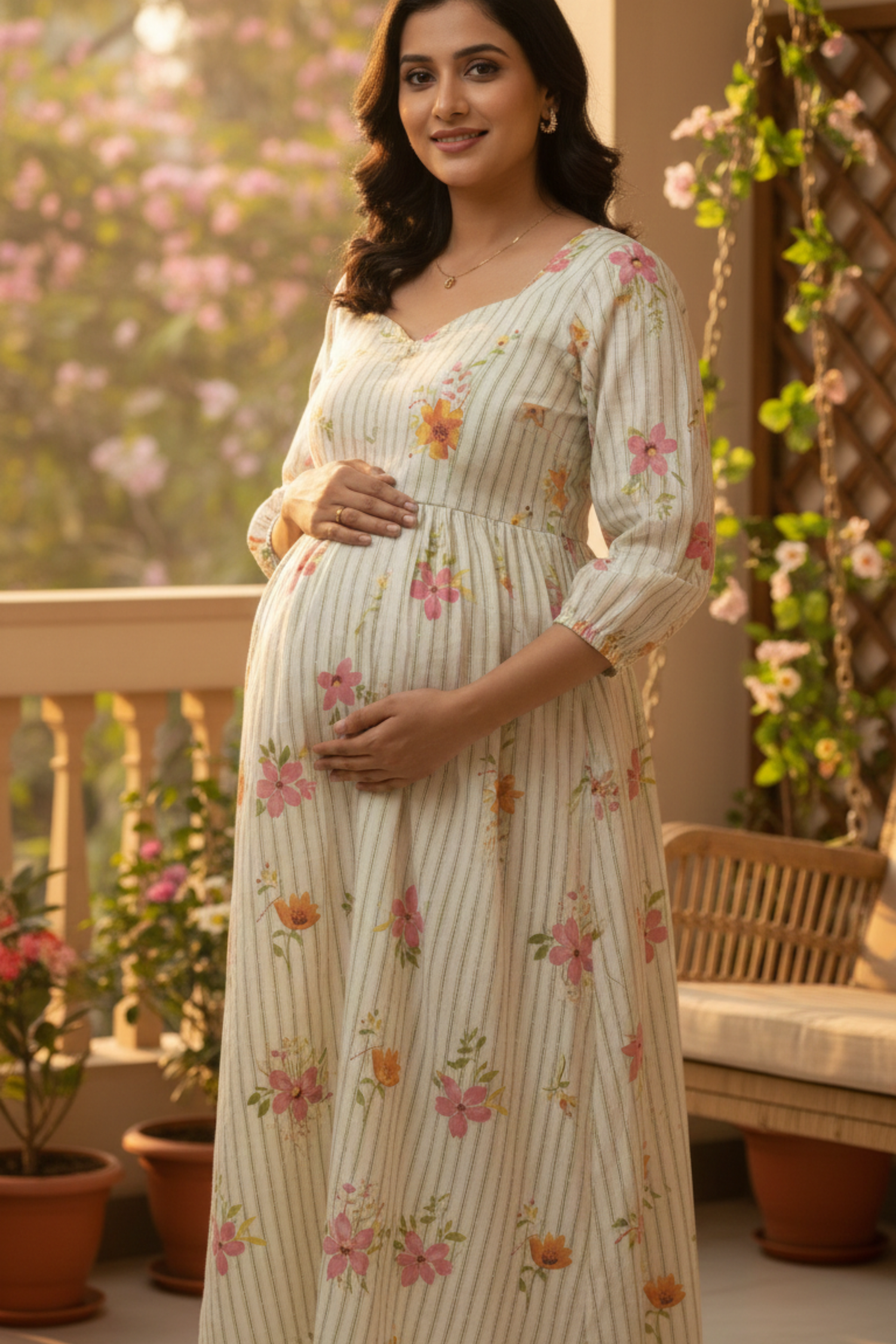 Stripes with Floral Maternity Dress