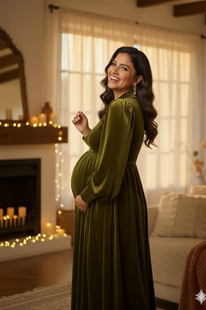Olive Green Velvet Maternity Dress