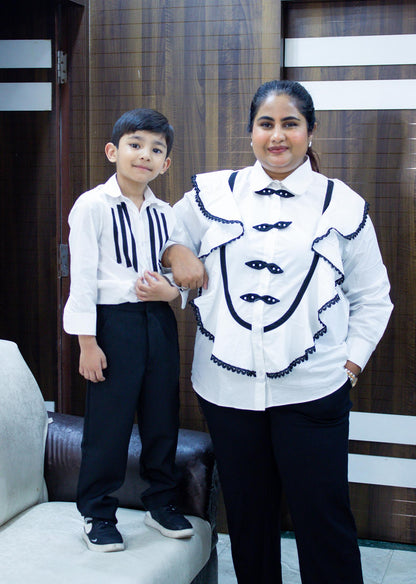 White Frill Shirt Mother Son Combo