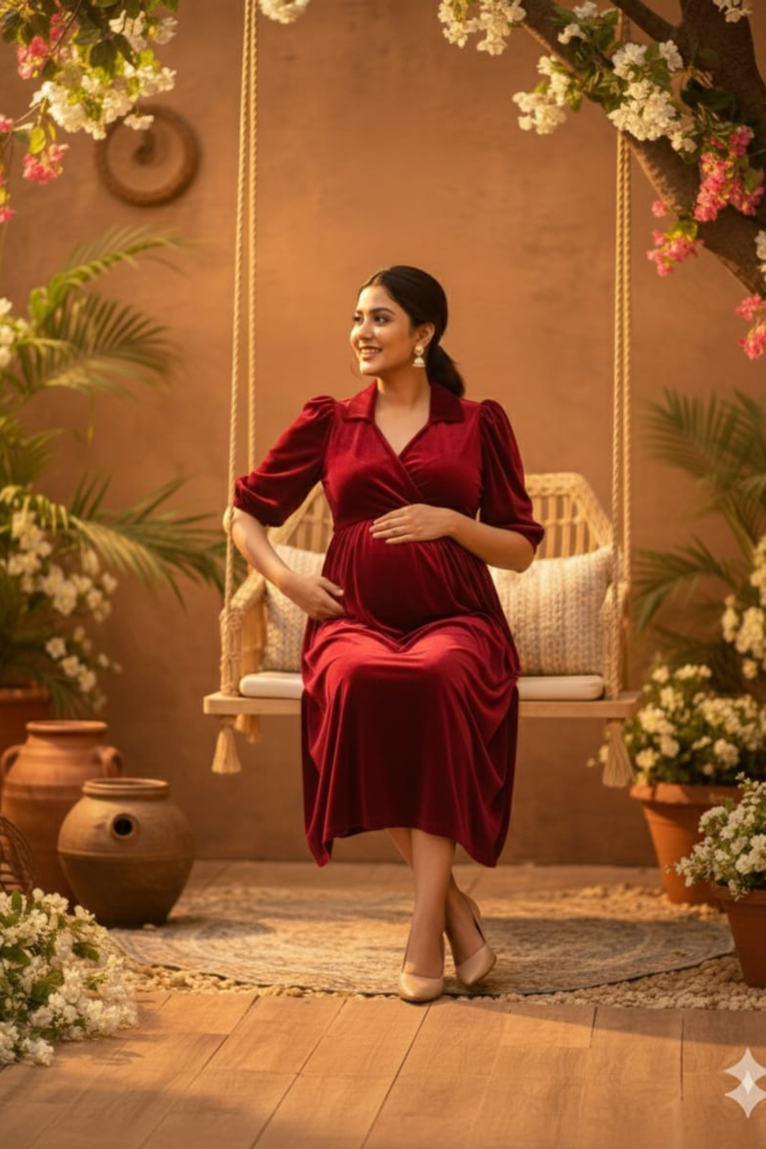 Maroon Velvet Maternity Dress