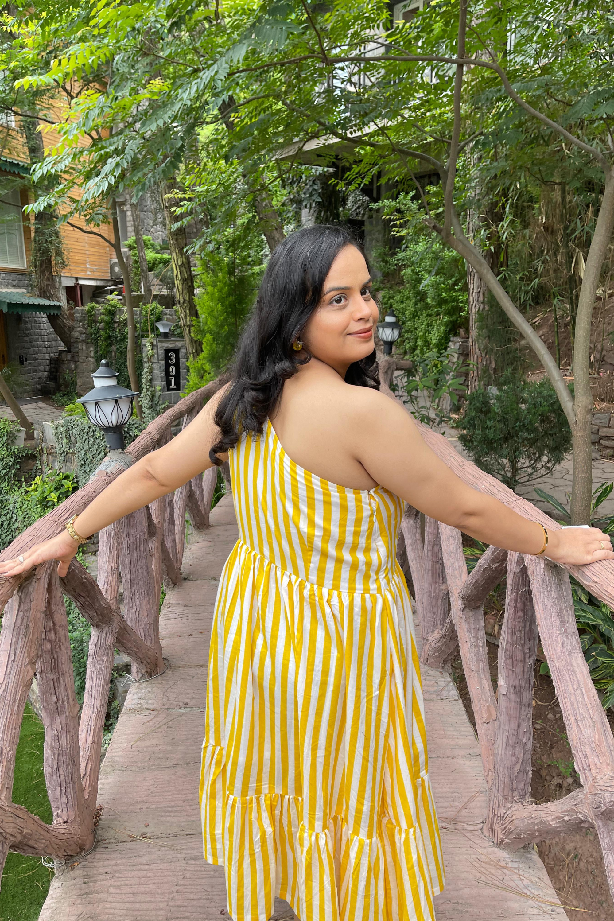 Yellow White Stripes Off Shoulder Dress