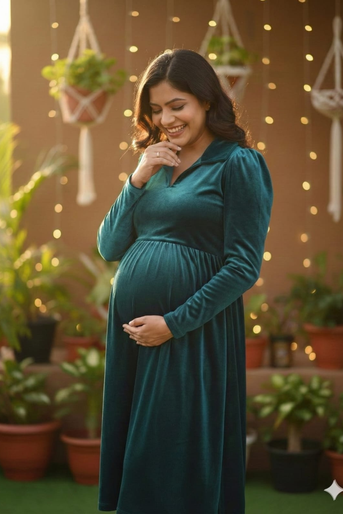 Teal Velvet Maternity Dress