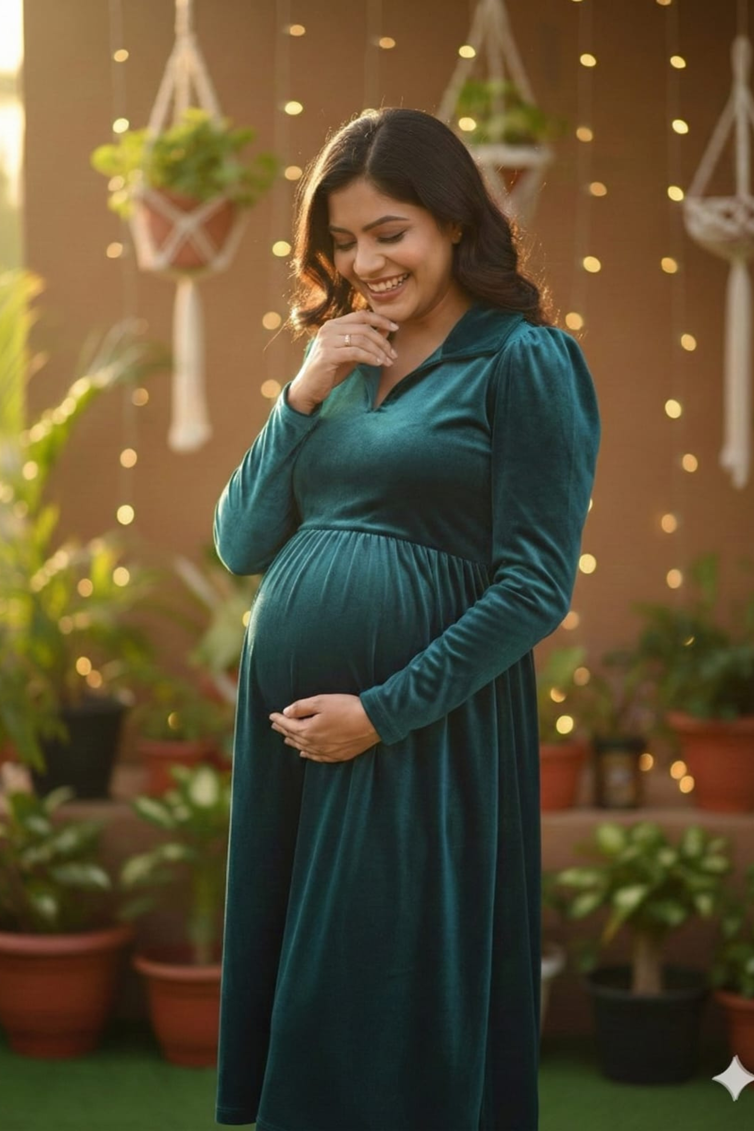 Teal Velvet Maternity Dress
