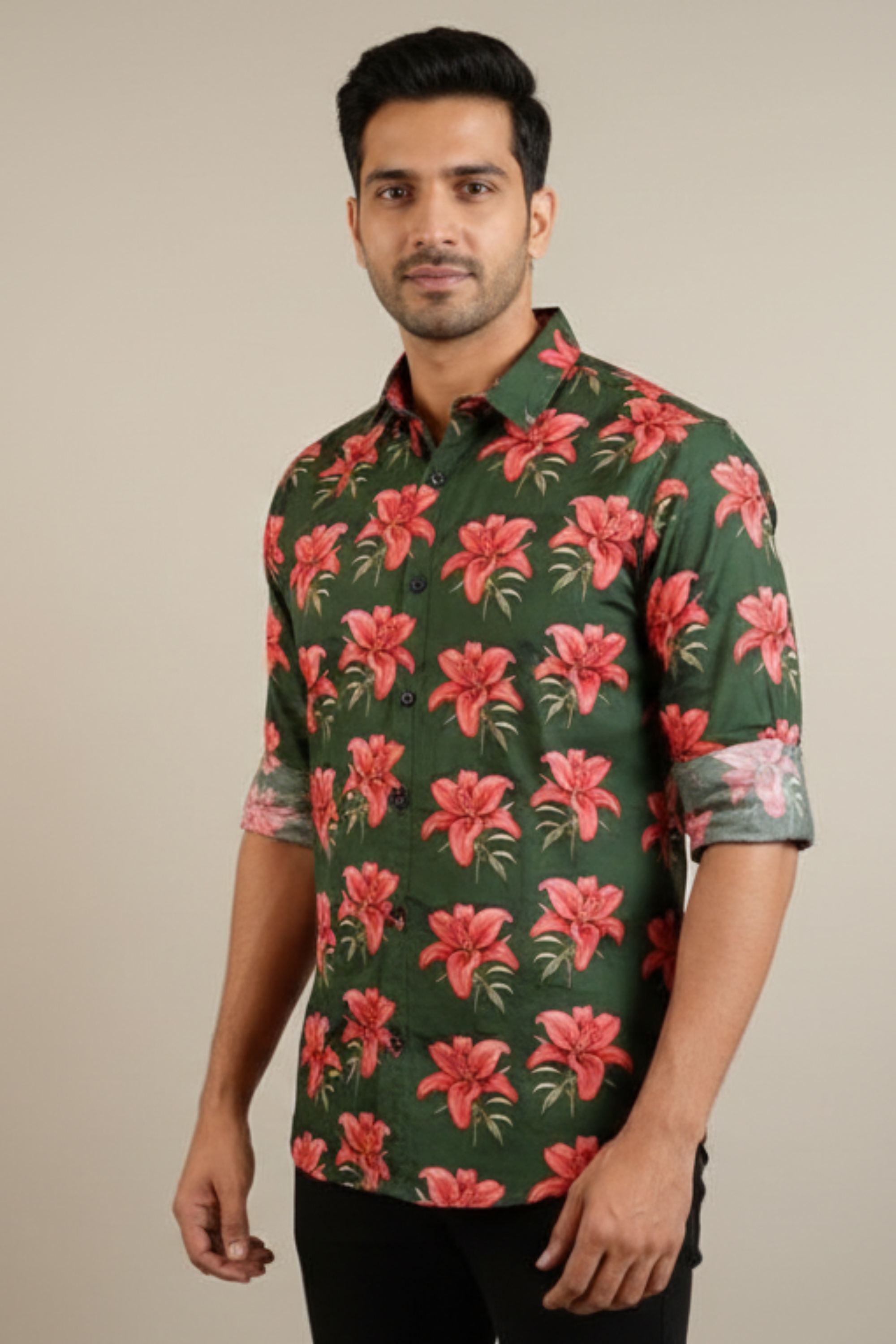 Dark Green Floral Print Father Son Twinning Set