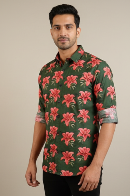Dark Green Floral Print Father Son Twinning Set