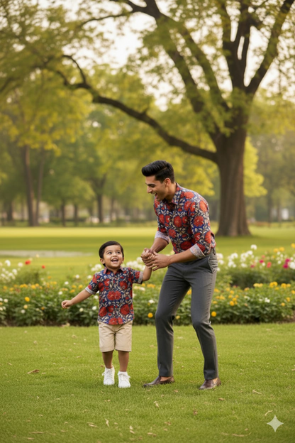 Red and Blue Floral Print Father Son Twinning Set