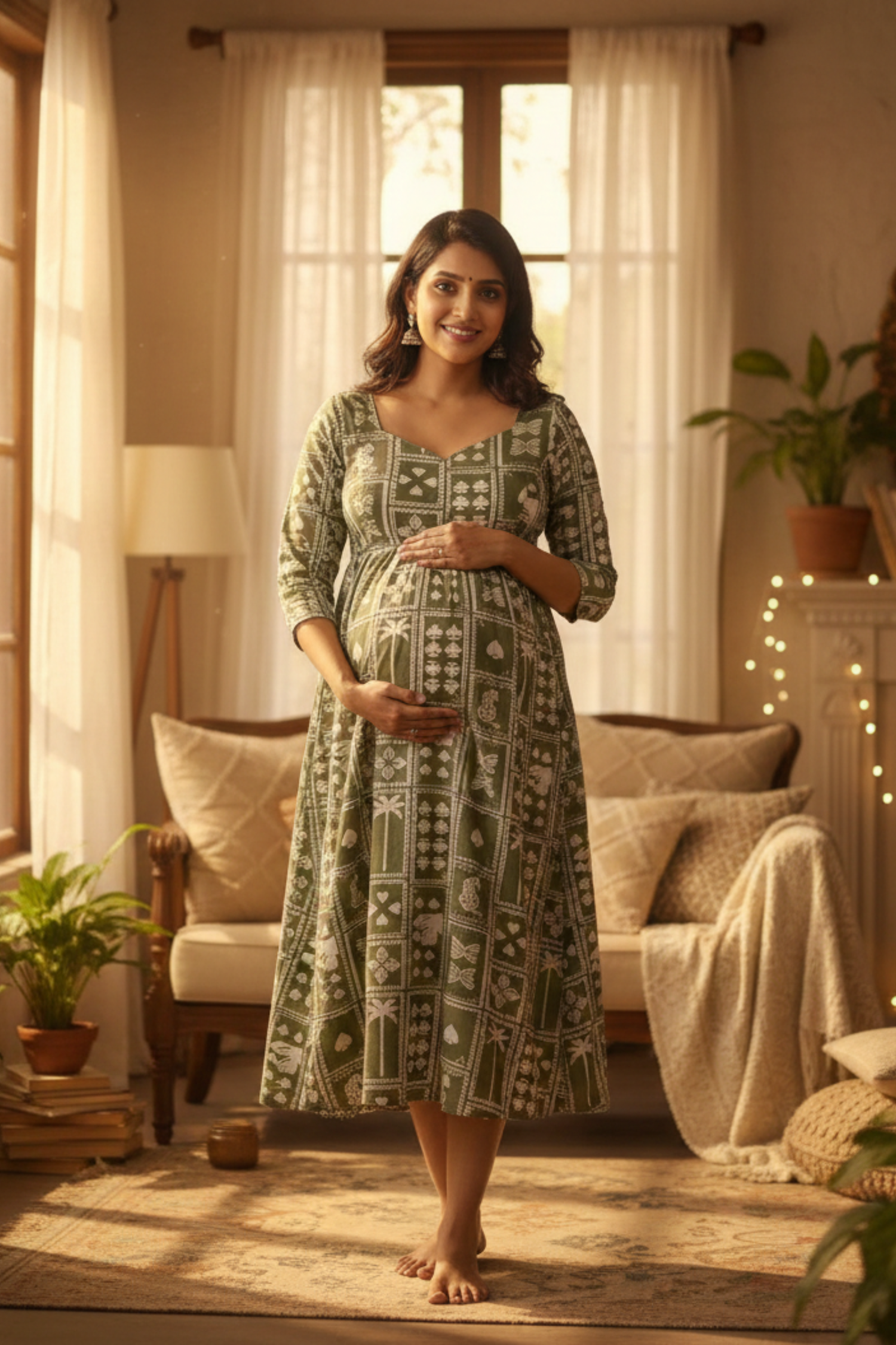 Olive Green Tribal Print Maternity Dress