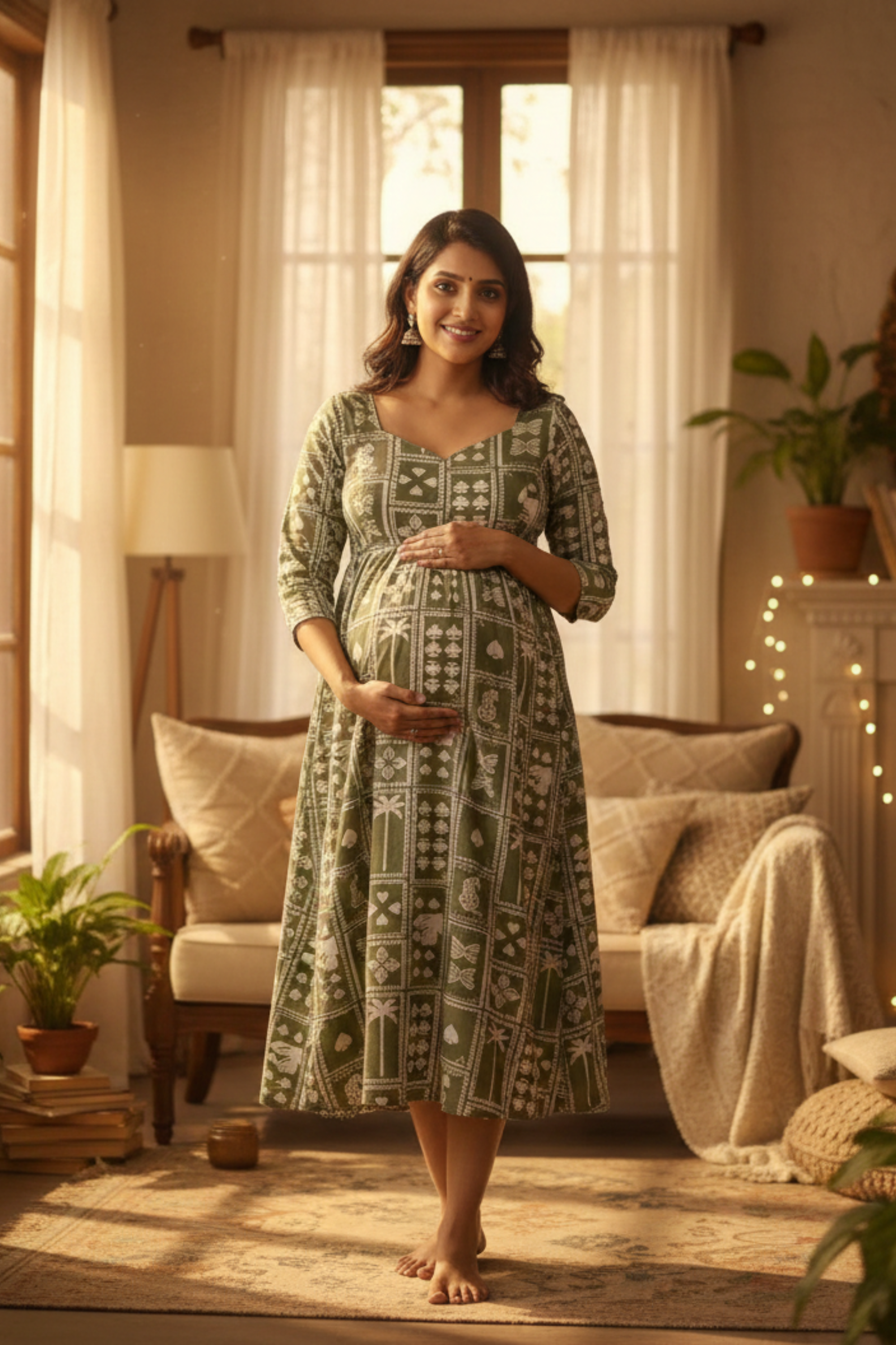 Olive Green Tribal Print Maternity Dress