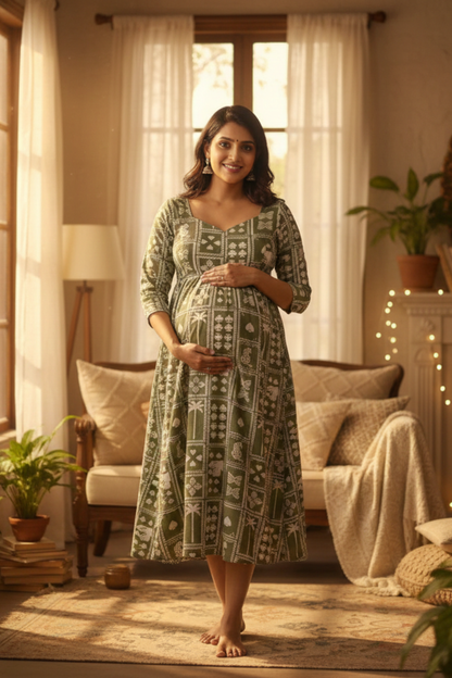 Olive Green Tribal Print Maternity Dress