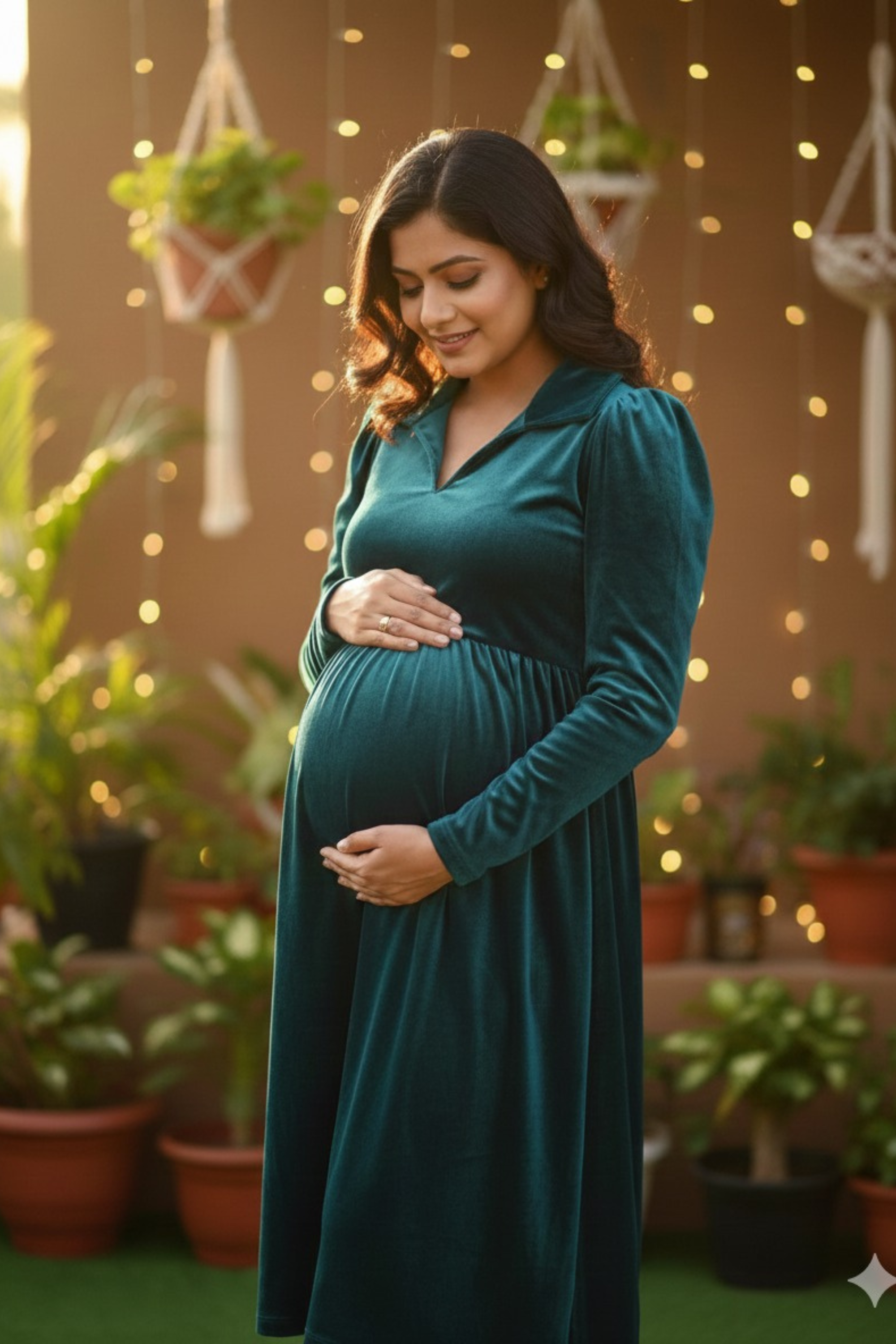 Teal Velvet Maternity Dress
