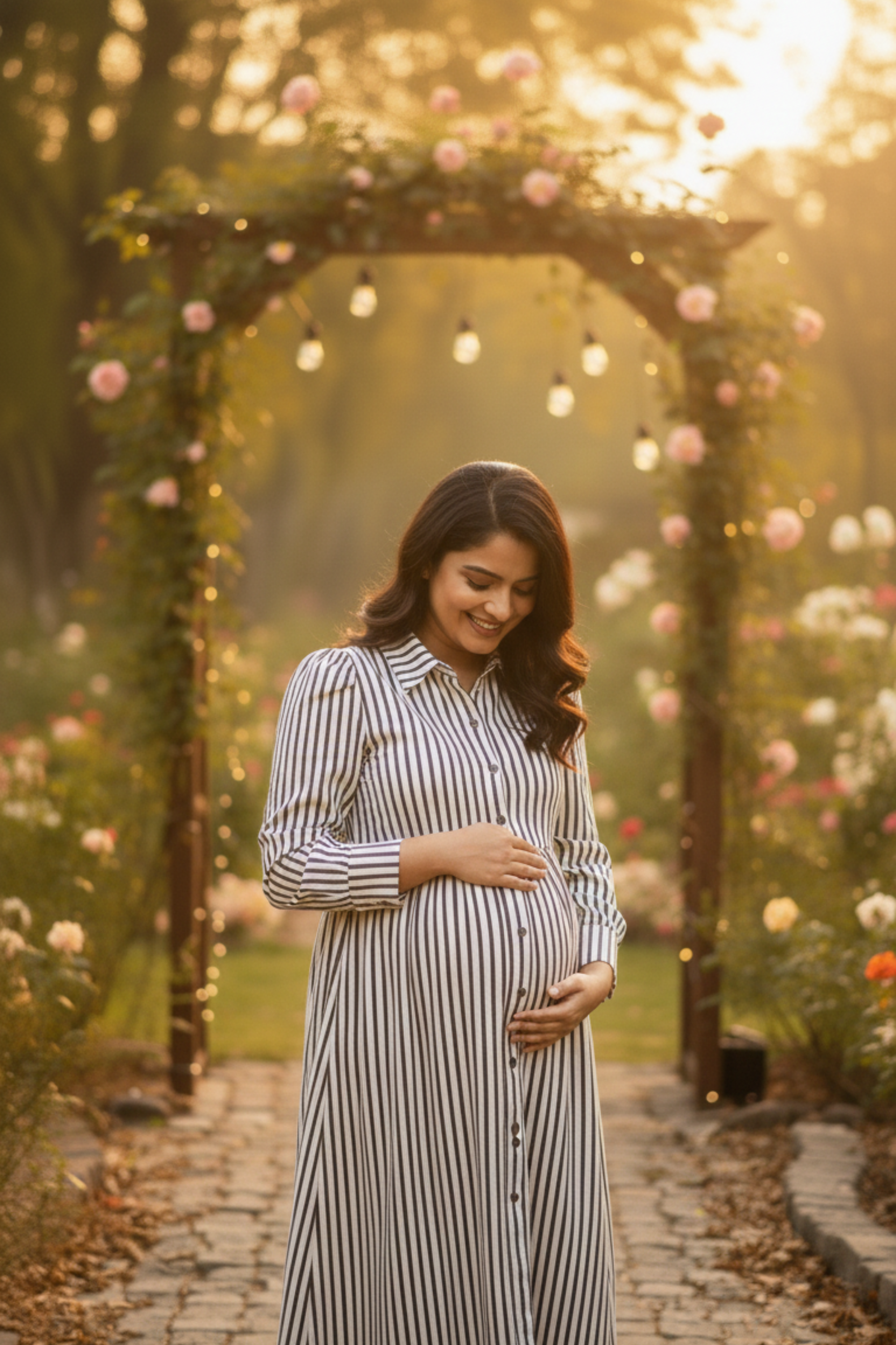 Brown and White Stripes Print Maternity Dress