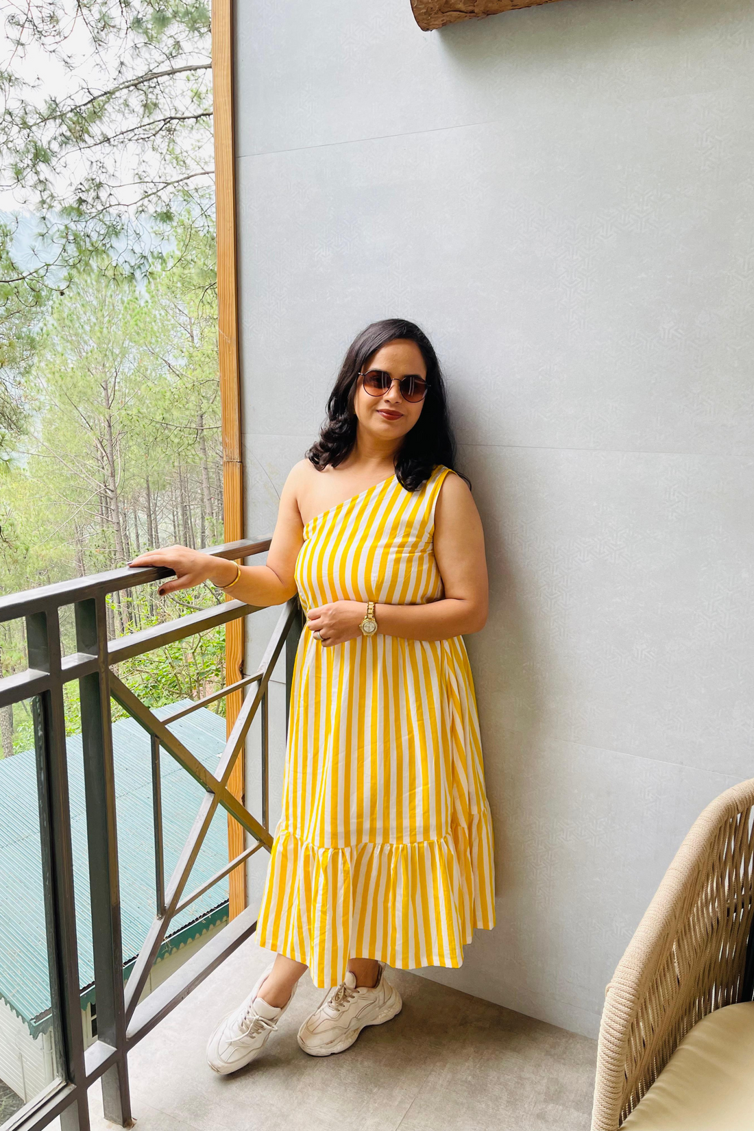 Yellow White Stripes Off Shoulder Dress
