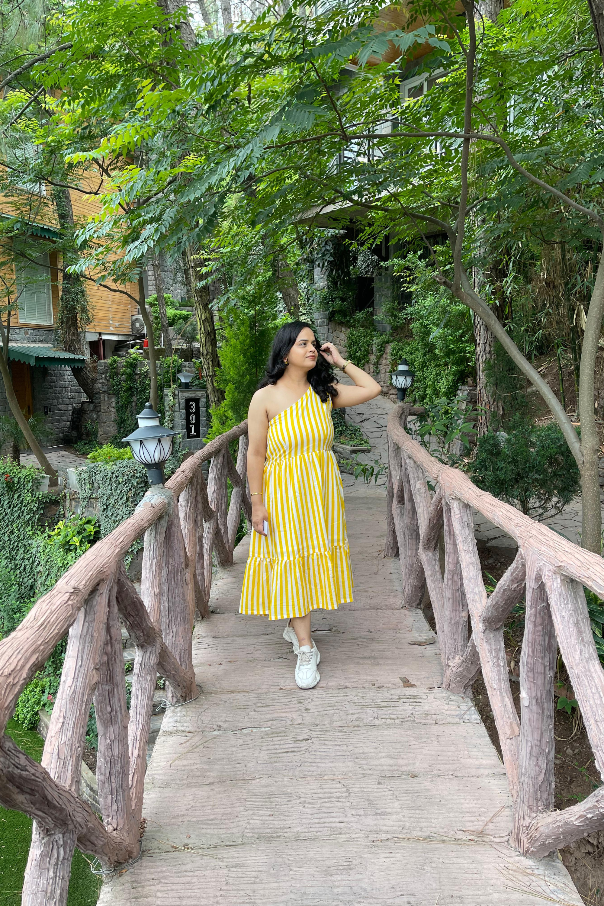Yellow White Stripes Off Shoulder Dress