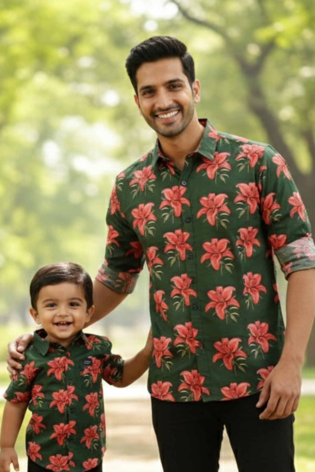 Dark Green Floral Print Father Son Twinning Set