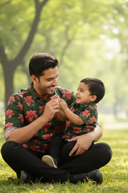 Dark Green Floral Print Father Son Twinning Set