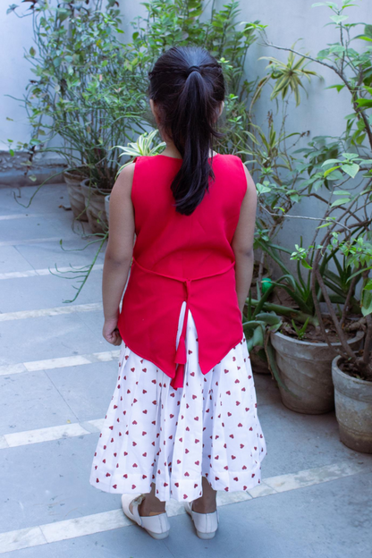Mommy & Me Red Vest Coat Co-ords with Heart Print Pleated Skirt