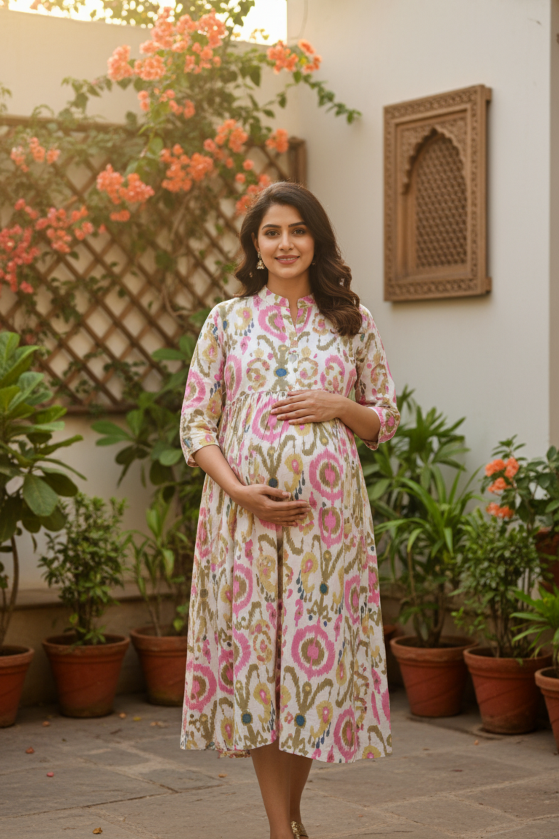 White and Pink Ikhat Print Maternity Dress