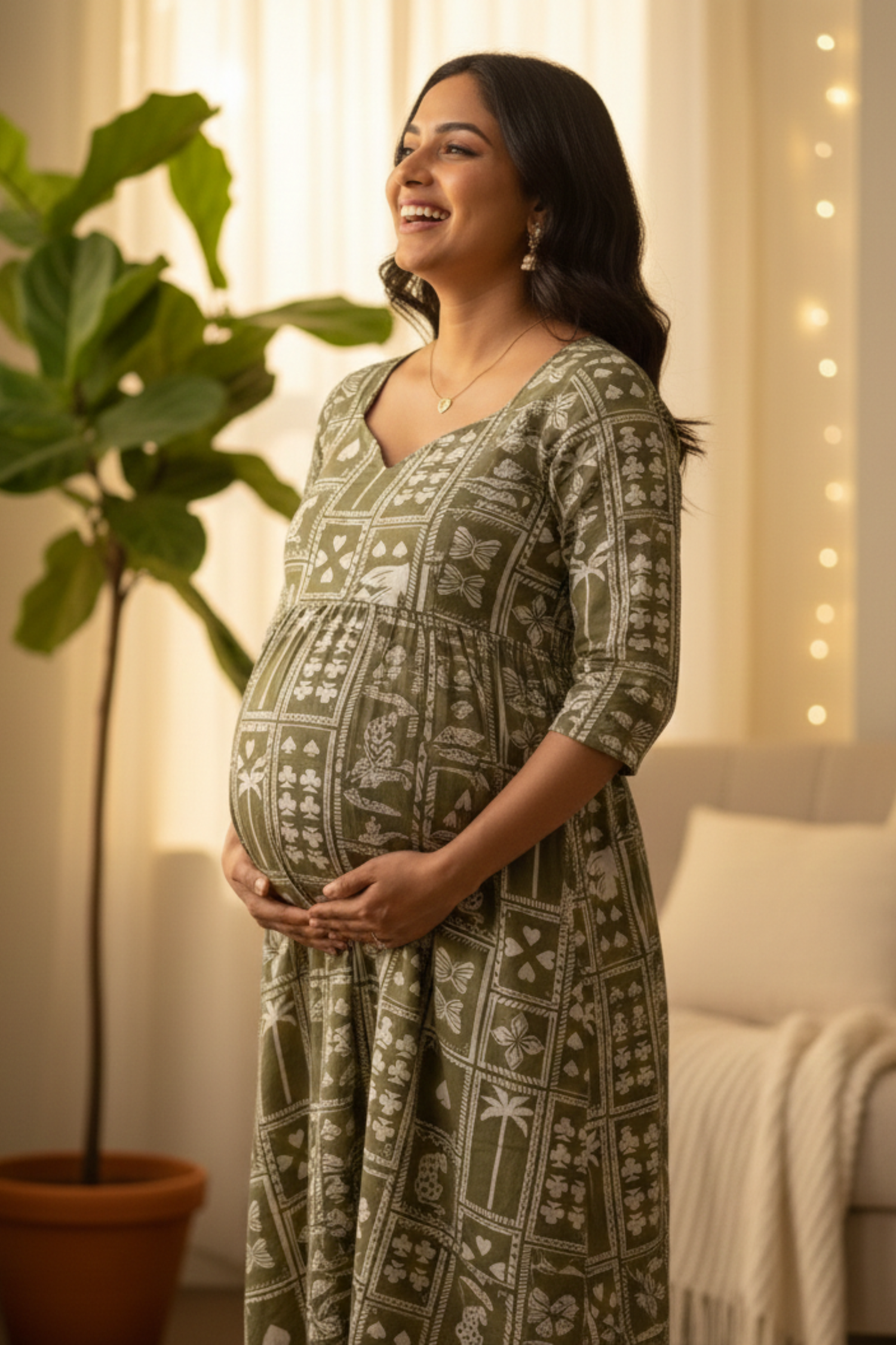 Olive Green Tribal Print Maternity Dress
