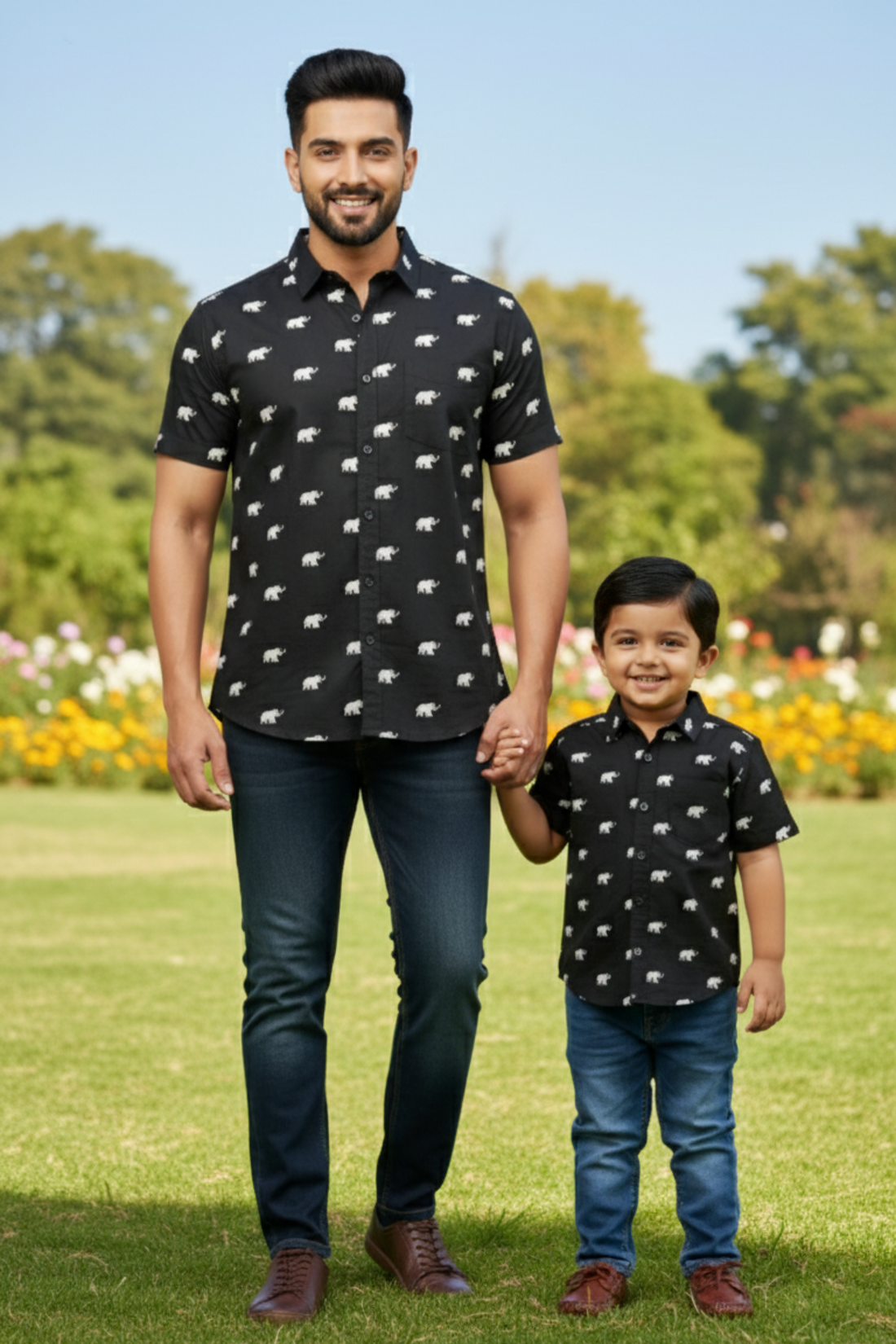 Black Elephant Print Father Son Twinning Set
